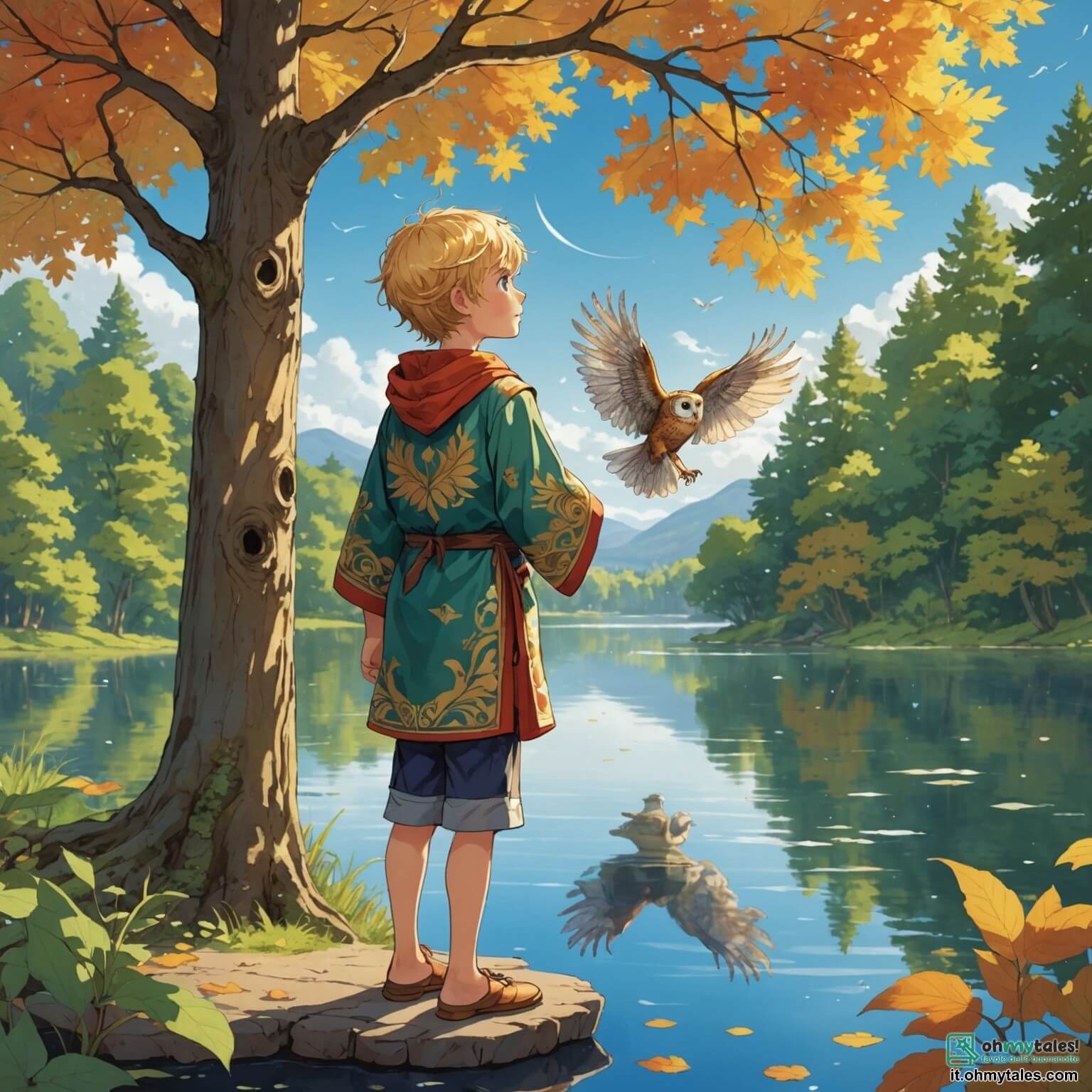 Une illustration destinée aux enfants représentant un garçon aux cheveux dorés et aux yeux pétillants, vêtu d'une tunique colorée, qui se tient au bord d'un lac scintillant, entouré de majestueux arbres aux feuilles chatoyantes qui dansent doucement au gré du vent, tandis qu'il écoute attentivement les sages paroles d'un vieux hibou aux plumes argentées, perché sur une branche noueuse, alors qu'il se questionne sur le sens de la vie et la beauté des différences, dans un monde où chaque créature, qu'elle soit un oiseau aux ailes éclatantes ou un poisson aux écailles brillantes, lui enseigne que la véritable sagesse réside dans l'acceptation et l'appréciation des merveilles qui l'entourent.