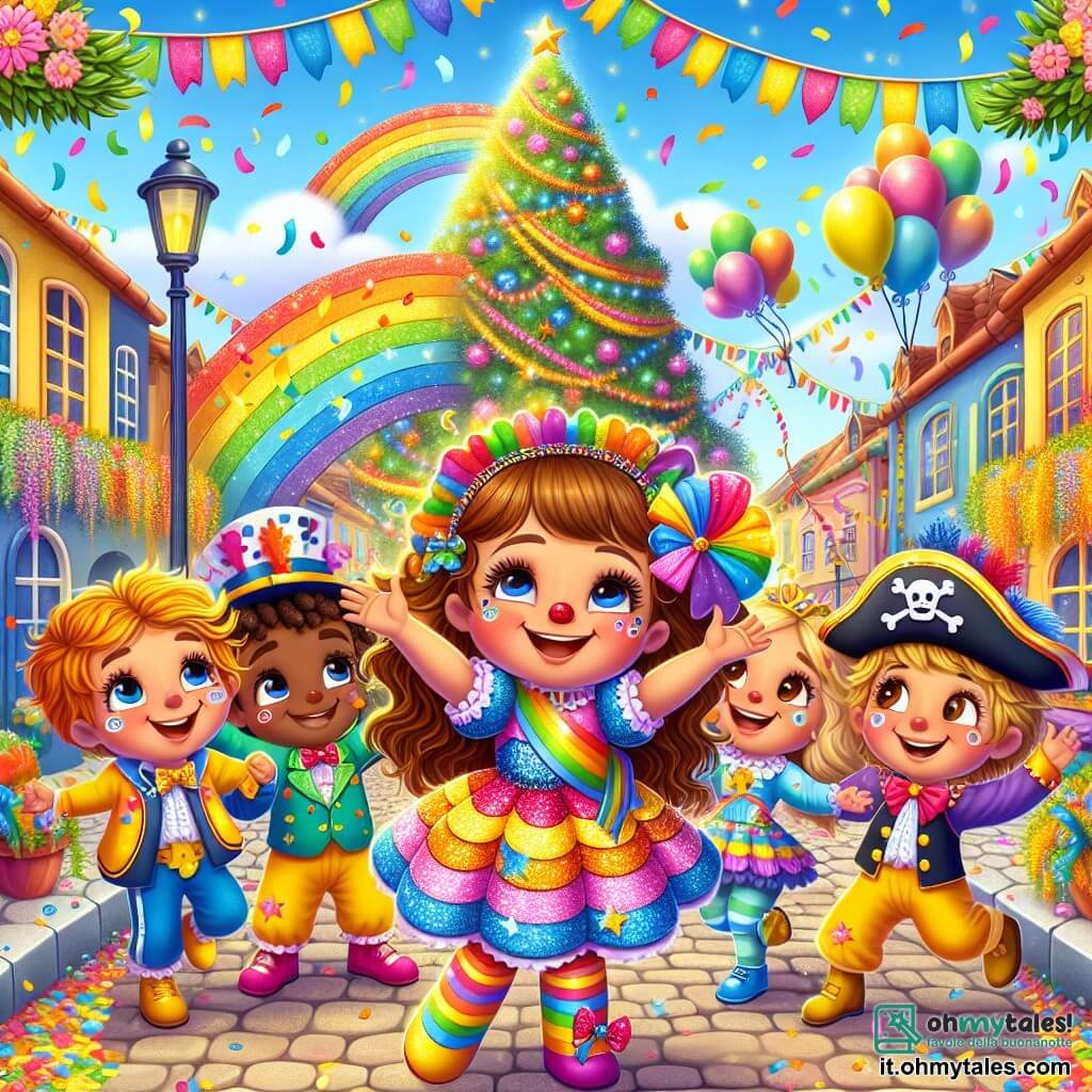 Illustrazione che rappresenta una scena vibrante di un carnevale in un piccolo villaggio soleggiato. Le strade sono fiancheggiate da case colorate con ghirlande di fiori e lanterne scintillanti. Confetti multicolori fluttuano nell'aria, mentre un grande albero decorato con nastri e luci brilla al centro della festa. In primo piano, una bambina di 5 anni, con lunghi capelli ricci e un sorriso radioso, indossa un costume arcobaleno ornato di piccole stelle dorate. Ballando gioiosamente, solleva le braccia verso il cielo, circondata da colori vivaci e musica festosa. Accanto a lei, un gruppo di tre bambini, due ragazzi e una ragazza, tutti di circa 6 anni, sono anch'essi in costume. Uno dei ragazzi indossa un costume da clown con un naso rosso e capelli arruffati, mentre l'altro è travestito da pirata con un cappello di piume. La ragazza, invece, è vestita con un abito da principessa scintillante, tenendo una bacchetta magica. La scena principale mostra la bambina che balla con entusiasmo, circondata dai suoi amici, tutti ridendo e divertendosi, mentre palloncini fluttuano e artisti di strada eseguono trucchi di magia sullo sfondo. Risate e note musicali riempiono l'aria, creando un'atmosfera gioiosa e festosa, perfetta per catturare lo spirito del carnevale.