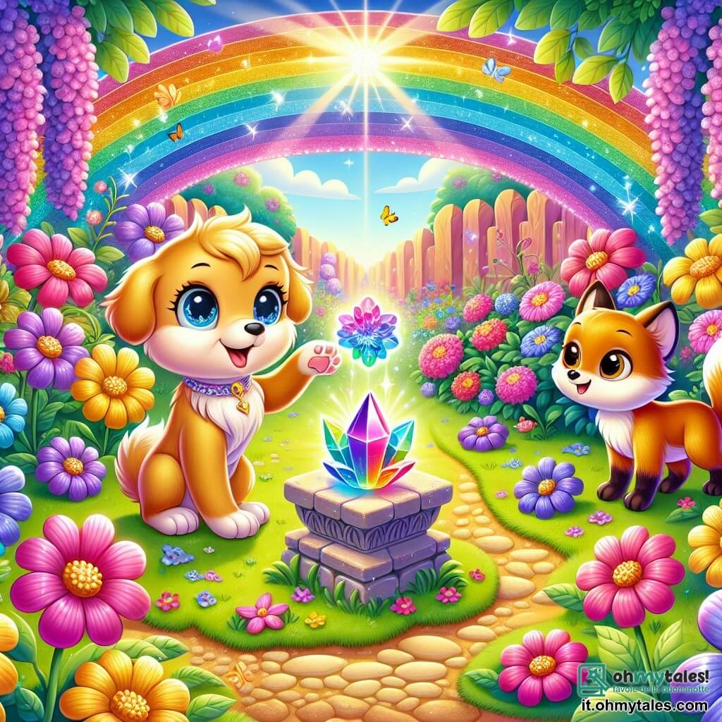 Illustrazione che rappresenta un magnifico giardino arcobaleno, pieno di fiori splendenti dai colori vivaci: rose, violette, gialle e blu, che danzano dolcemente sotto una leggera brezza. Al centro, un giovane cane dal pelo dorato brillante, con occhi azzurri pieni di curiosità, si erge sulle zampe posteriori, allungando una zampa verso un delicato fiore di cristallo scintillante su un piccolo altare di pietra. Nelle vicinanze, una volpe astuta, con un pelo rosso vivo e occhi maliziosi, osserva attentamente, pronta a incoraggiare il cane nella sua ricerca. La scena emana un'atmosfera magica, con raggi di sole che filtrano tra le foglie degli alberi, creando ombre danzanti sul suolo, mentre farfalle colorate svolazzano attorno, aggiungendo un tocco di vita a questo momento incantevole.