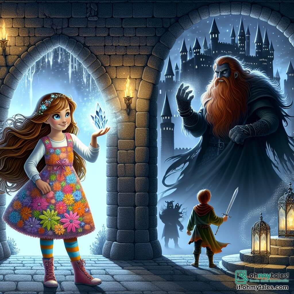 Illustrazione che rappresenta una scena magica in un castello oscuro, con muri in pietra grigia e finestre rotte, avvolto da un'ombra minacciosa. Al centro, una ragazza di 9 anni, con lunghi capelli castani che fluttuano nel vento, occhi blu brillanti di coraggio, si erge fiera, tenendo un cristallo splendente in una mano e una piuma d'argento nell'altra. Indossa un abito colorato, decorato con motivi floreali, che contrasta con l'oscurità del castello. Accanto a lei, un gigante benevolo, di circa 15 anni, con grande statura, capelli rossi e una folta barba, osserva la scena con uno sguardo protettivo, pronto a intervenire. Sullo sfondo, una silhouette oscura, quella di uno stregone malvagio, si profila, con le braccia alzate, lanciando un incantesimo oscuro. Lampi di luce emanano da oggetti magici, illuminando la scena e creando un'atmosfera di tensione e speranza. Dettagli come lampi di luce scintillanti e ombre minacciose aggiungono una dimensione dinamica a questa illustrazione.