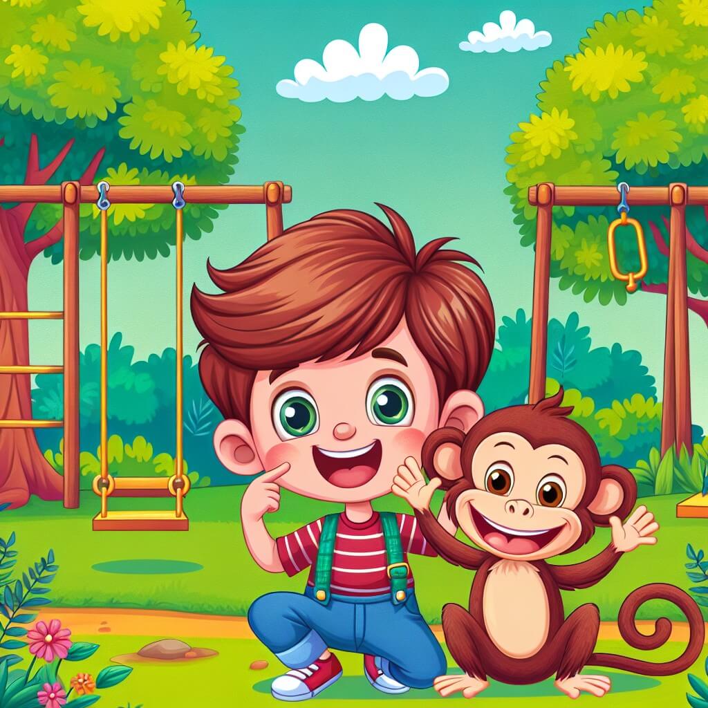 Une illustration destinée aux enfants représentant un joyeux garçon aux cheveux en bataille, en train de faire des grimaces hilarantes avec son meilleur ami, un singe malicieux, dans un parc coloré rempli de balançoires, toboggans et arbres luxuriants.