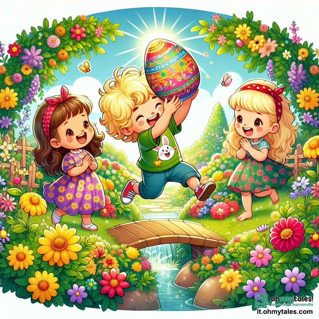 Illustrazione che rappresenta un magnifico giardino soleggiato, pieno di fiori colorati nelle vivaci tonalità di giallo, rosso e viola. Al centro, un bambino di 5 anni, con capelli biondi e ricci, indossa una maglietta verde decorata con un carinissimo coniglio di Pasqua. Sta saltando di gioia, tenendo un grande uovo di Pasqua decorato con motivi brillanti nelle sue piccole mani. Accanto a lui, due amici: una ragazza di 6 anni con lunghi capelli castani e un sorriso radioso, che indossa un vestito a fiori, e un ragazzo di 5 anni con un bandana rossa in testa, che guarda con meraviglia l'uovo magico. Sono tutti e tre circondati da cespugli fioriti e un piccolo ponte di legno, mentre un dolce ruscello scintilla sullo sfondo, aggiungendo un tocco di magia a questa scena gioiosa di caccia alle uova di Pasqua.