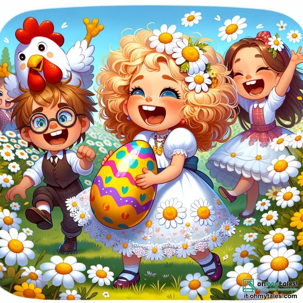 Une illustration sous forme de dessin destinée aux enfants représentant un champ en fleurs aux couleurs vives, avec une petite fille de 7 ans aux cheveux bouclés et blonds, portant une robe blanche ornée de margherites, qui rit joyeusement en tenant un grand œuf de Pâques coloré, entourée de son meilleur ami, un garçon aux cheveux bruns et aux lunettes, qui fait des grimaces en costume de gallo, et d'une fille aux cheveux longs et bruns, vêtue d'une tenue de danse, qui exécute une danse joyeuse, le tout dans une ambiance festive et ensoleillée, célébrant un spectacle de Pâques plein de rires et de surprises.