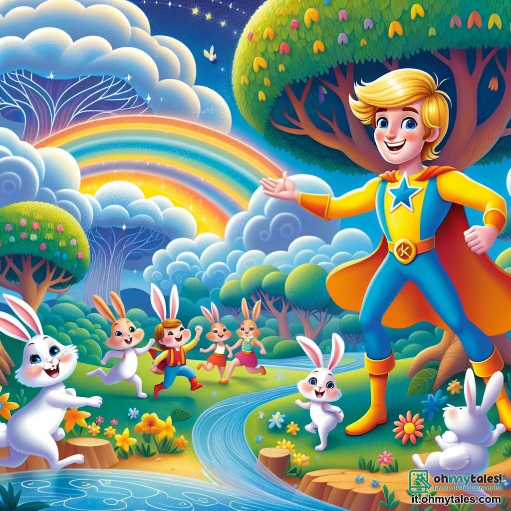 Une illustration sous forme de dessin destinée aux enfants représentant un monde magique et coloré de Fantasialandia, avec des arbres dansants et un ciel bleu éclatant, où un super-héros homme aux cheveux dorés brillants et à la tenue colorée (t-shirt jaune avec une étoile bleue et pantalons orange) sourit joyeusement tout en aidant une famille de coniglietti (lapins) aux grandes oreilles et au pelage doux, qui jouent près d'un ruisseau, alors qu'une tempête de nuages menaçants se dissipe grâce à la puissance de leur amitié et de leur joie collective.