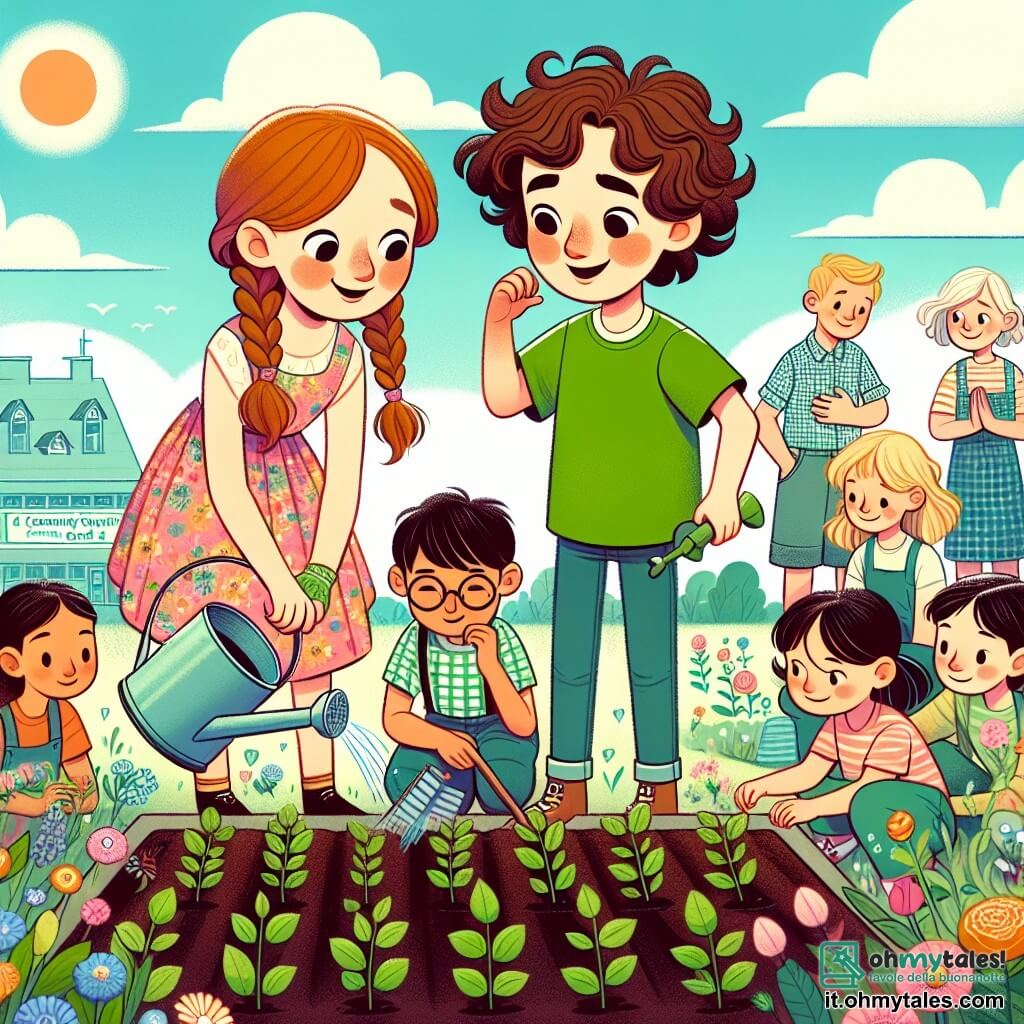 Une illustration sous forme de dessin destinée aux enfants représentant un jardin communautaire vibrant de couleurs, avec un groupe d'enfants de 11 ans, dont un garçon aux cheveux bruns et bouclés, portant un t-shirt vert, qui plante des fleurs avec enthousiasme, tandis qu'une fille aux cheveux blonds et tressés, vêtue d'une robe à fleurs, arrose délicatement les jeunes pousses, et un garçon aux lunettes rondes et à la chemise à carreaux, qui explique à un groupe d'enfants curieux l'importance de prendre soin de l'environnement, le tout sous un ciel bleu parsemé de nuages, symbolisant l'espoir et le travail d'équipe pour lutter contre le changement climatique.