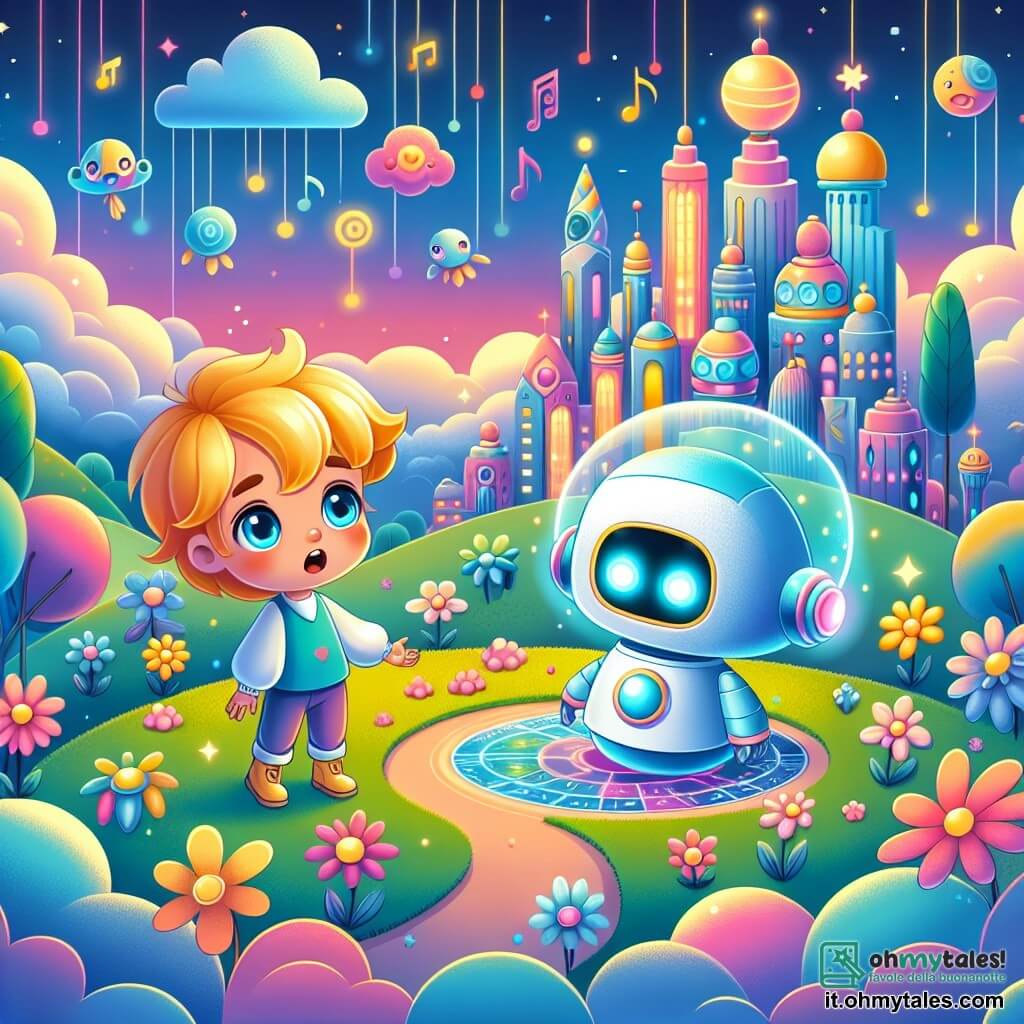 Une illustration sous forme de dessin destinée aux enfants représentant un parc suspendu entre les nuages dans la ville futuriste d'Arcobalenia, avec une fillette de 5 ans aux cheveux dorés et aux yeux azur, émerveillée en découvrant un petit robot lumineux aux formes arrondies qui brille d'une douce lumière, tandis qu'ils explorent ensemble des fleurs chantantes et des arbres dansants, illustrant la magie de l'apprentissage et de la responsabilité dans un monde coloré et enchanteur.