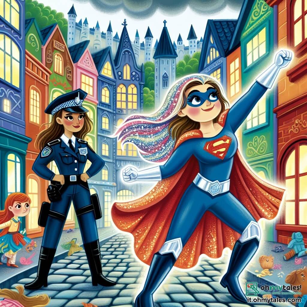 Une illustration destinée aux enfants représentant une super-héroïne aux cheveux scintillants affrontant un méchant dans une ville fantastique aux bâtiments colorés et aux rues pavées, avec une policière courageuse à ses côtés.