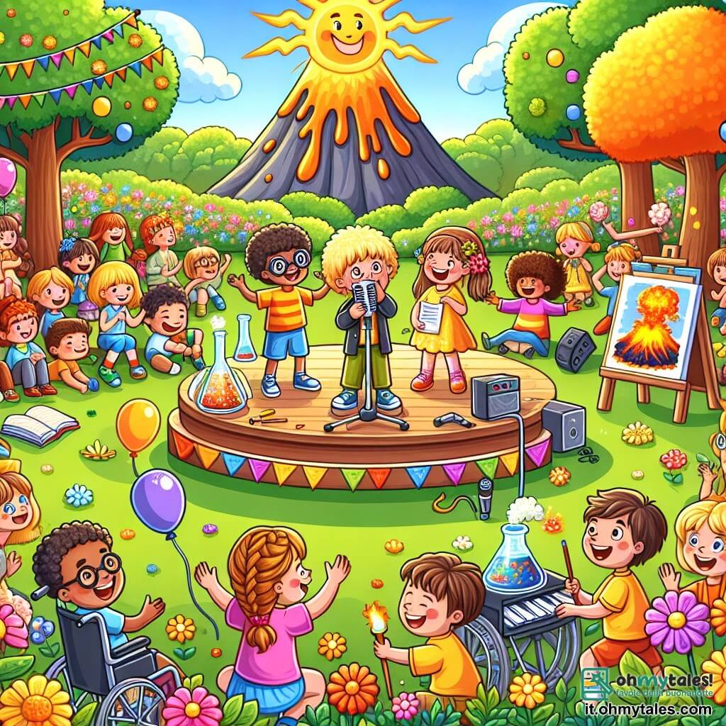 Illustrazione che rappresenta un parco soleggiato, pieno di fiori colorati e alberi maestosi. Al centro, una scena gioiosa dove un gruppo di bambini si riunisce attorno a un grande palco di legno decorato con festoni multicolori. Un ragazzo di circa 10 anni, con capelli ricci e un sorriso splendente, si trova al microfono, ridendo e raccontando barzellette. Accanto a lui, una ragazza di 9 anni, con occhiali rotondi e capelli intrecciati, mostra un piccolo vulcano in eruzione in un flacone, catturando l'attenzione degli altri. Un altro ragazzo, di 11 anni, in sedia a rotelle, dipinge un grande muro colorato, rappresentante bambini che si aiutano a vicenda. Infine, una ragazza di 10 anni, con capelli lunghi e ondulati, si prepara a cantare, tenendo un microfono con un'espressione determinata. La situazione principale mostra i bambini che celebrano i loro talenti, ciascuno esprimendo la propria creatività senza paura, in un'atmosfera di gioia e uguaglianza. Risate e applausi risuonano attorno a loro, mentre altri bambini, ragazzi e ragazze, si avvicinano, curiosi ed entusiasti, pronti a partecipare a questa bella festa di talenti. Palloni fluttuano nel cielo blu, aggiungendo un tocco festivo a questa scena vibrante di cameratismo e inclusione.