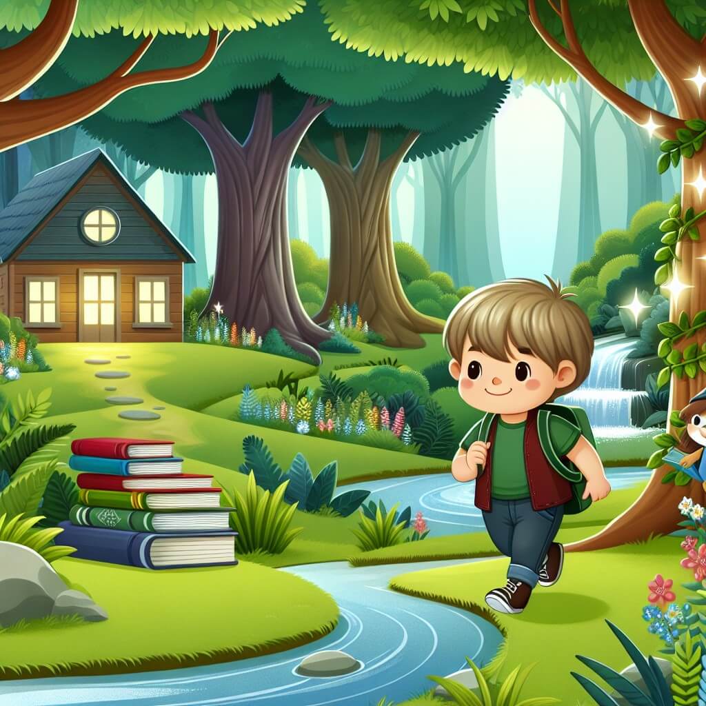 Une illustration destinée aux enfants représentant un jeune garçon, entouré d'un nouvel ami, explorant un magnifique bosquet verdoyant avec des arbres majestueux, un ruisseau scintillant et une petite cabane remplie de livres enchantés.