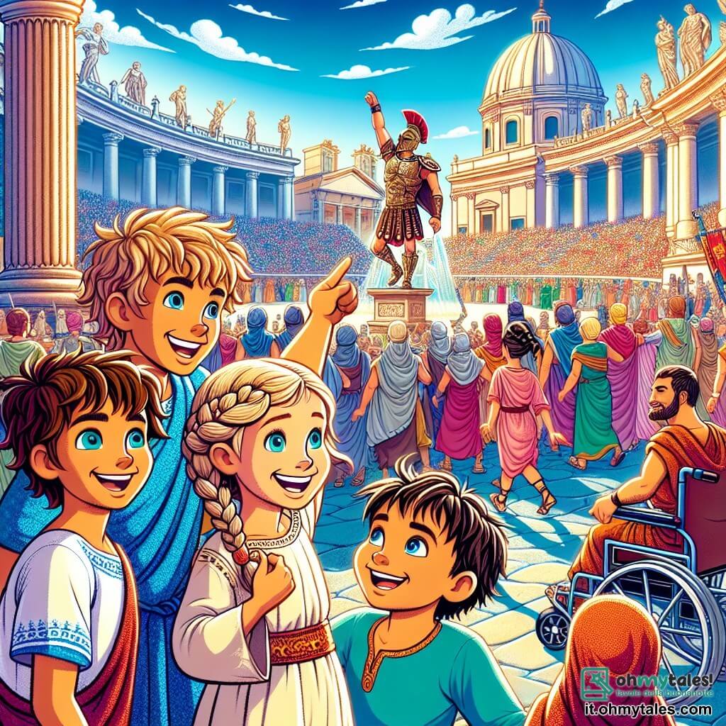 Illustrazione che rappresenta una scena vibrante in una grande piazza dell'antica Roma, circondata da maestosi edifici in marmo e statue imponenti. Il cielo è di un blu splendente, punteggiato di nuvole bianche, e la folla è animata, vestita con toghe colorate e abiti eleganti. Al centro dell'immagine, un ragazzo di dodici anni, con capelli castani disordinati e occhi scintillanti di eccitazione, guarda intorno a sé con meraviglia. Accanto a lui, una ragazza di dodici anni, con capelli biondi intrecciati e indossante una tunica leggera, sorride gioiosamente indicando un gladiatore che si trova non lontano, muscoloso e in armatura, pronto a combattere. Un altro ragazzo, anch'esso di dodici anni, su una sedia a rotelle, osserva la scena con uno sguardo affascinato, gli occhi brillanti di entusiasmo. La situazione principale mostra i bambini che scoprono l'antichità, catturati dall'energia della folla e dalla grandezza dei monumenti. Sullo sfondo, un gladiatore si prepara a entrare nell'arena, mentre gli spettatori si radunano, creando un'atmosfera di suspense ed eccitazione. Ulteriori dettagli grafici includono bancarelle di mercato colorate, animali randagi e bambini che giocano, aggiungendo all'animazione di questa scena storica.