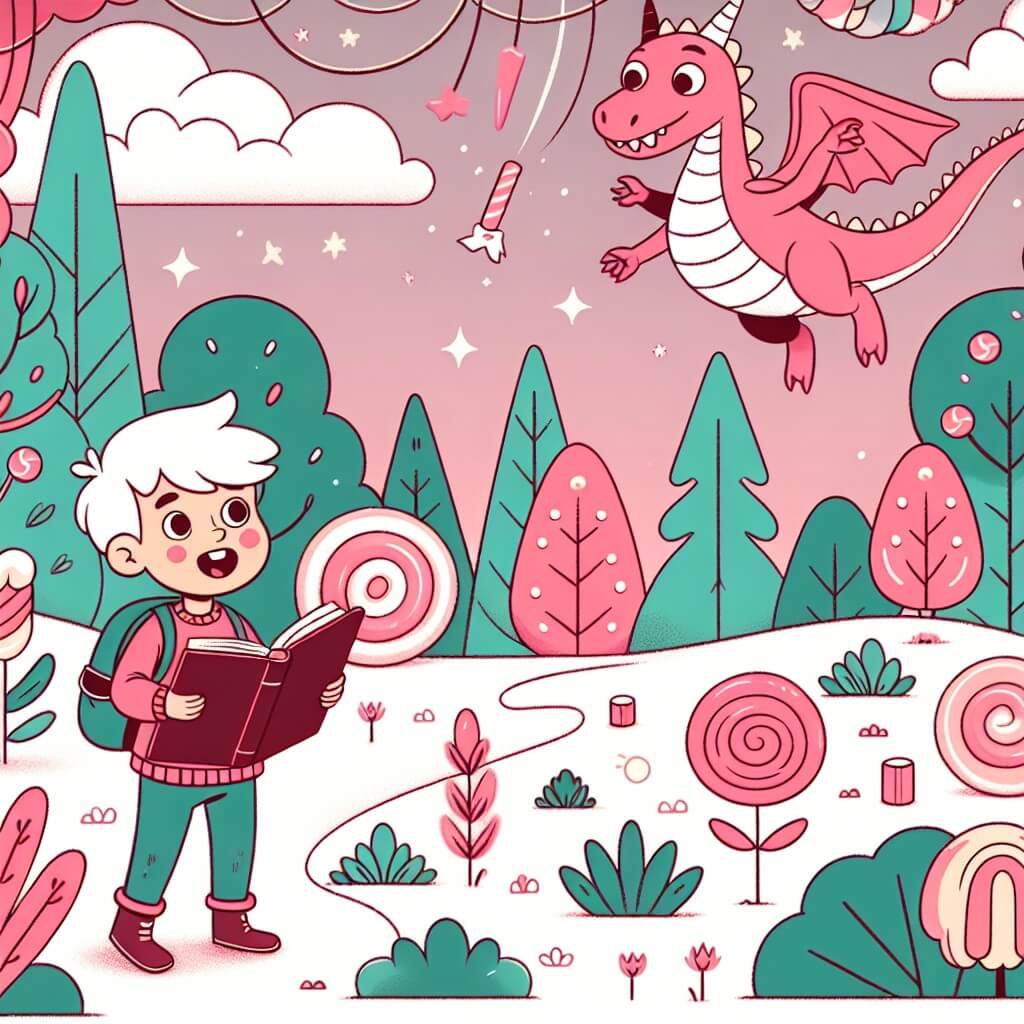 Une illustration destinée aux enfants représentant un jeune garçon plein d'imagination, se retrouvant dans une forêt enchantée en compagnie d'un joyeux dragon rose, dans un monde où les arbres sont recouverts de bonbons et les nuages sont en forme de guimauve.