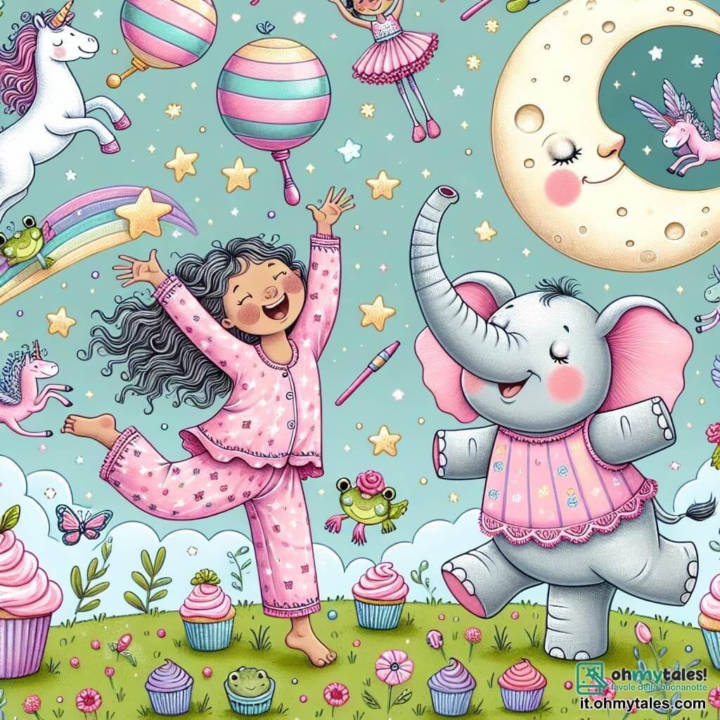 Une illustration destinée aux enfants représentant une fillette en pyjama rose dansant avec un éléphant jongleur sur la Lune, entourés de licornes volantes et de grenouilles chantantes, au milieu d'un champ de cupcakes scintillants.