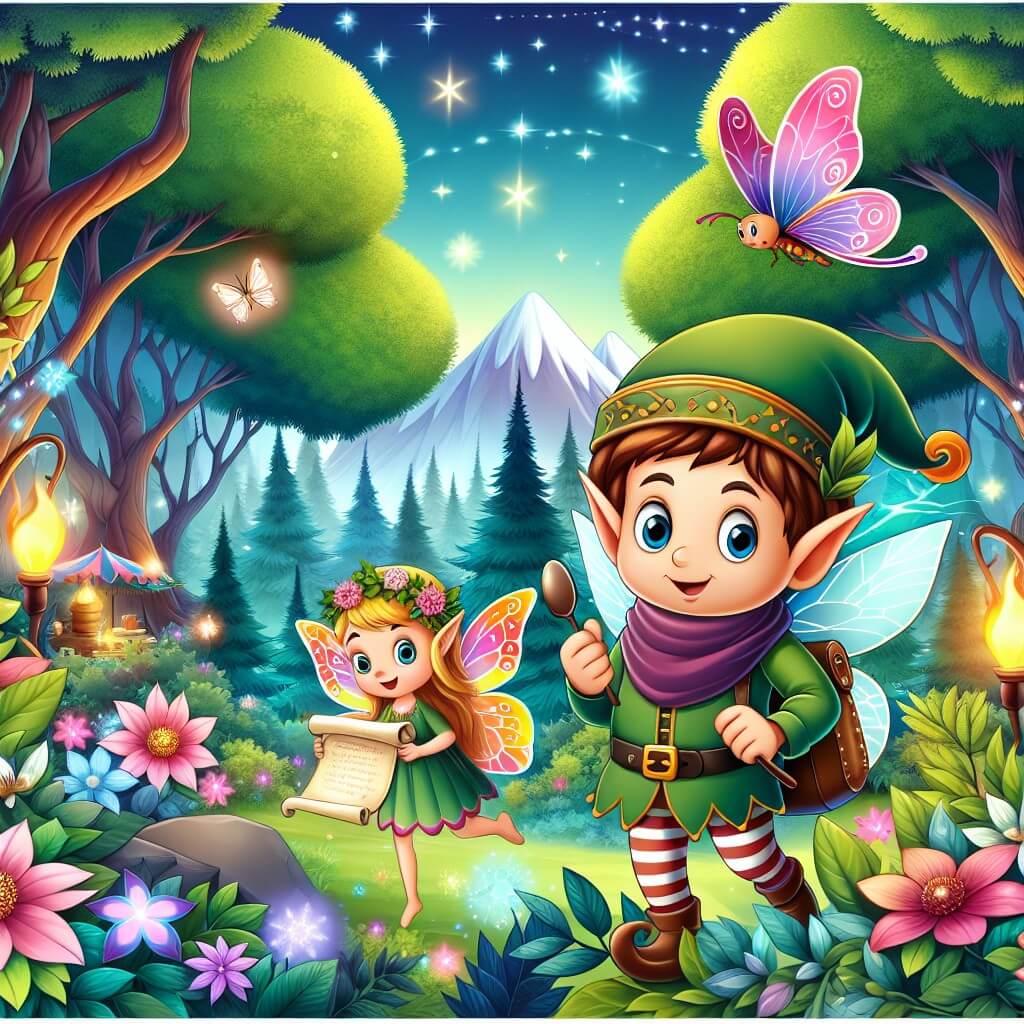Une illustration destinée aux enfants représentant un elfe malicieux, se retrouvant à la recherche d'une recette disparue, accompagné d'une fée aux ailes de papillon, dans une forêt enchantée remplie d'arbres majestueux, de fleurs lumineuses et d'un marché magique.