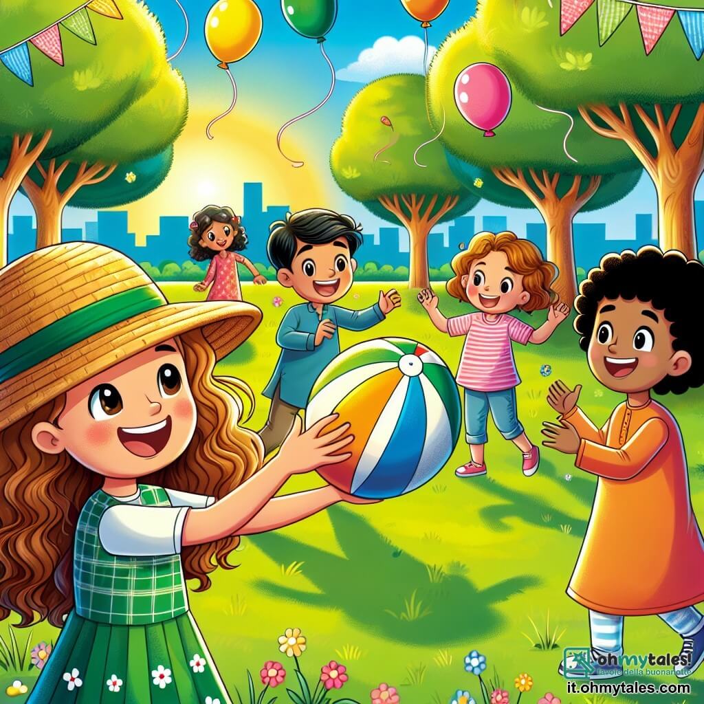 Une illustration sous forme de dessin destinée aux enfants représentant un parc coloré et ensoleillé, avec des arbres verdoyants et des ballons flottants, où une fille de 7 ans aux cheveux bruns et bouclés, portant un chapeau de paille, rit joyeusement en jouant à la balle avec un garçon pakistanais aux cheveux noirs et une fille italienne aux cheveux blonds et bouclés, tous deux souriants, alors qu'ils s'apprêtent à passer la balle tout en partageant des histoires de leurs cultures, symbolisant l'amitié et la diversité.