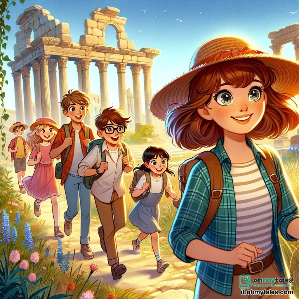 Une illustration destinée aux enfants représentant une jeune femme archéologue aux cheveux châtains flottants au gré du vent, vêtue d'un chapeau de paille et d'une chemise à carreaux, qui, avec un sourire rayonnant, guide un groupe de petits explorateurs curieux, dont une fille aux yeux pétillants et un garçon aux lunettes épaisses, à travers un ancien site archéologique baigné de lumière dorée, où de majestueuses ruines romaines, ornées de lierre et de fleurs sauvages, s'élèvent fièrement sous un ciel azur, tandis que le doux murmure d'un ruisseau voisin ajoute une mélodie apaisante à cette aventure fascinante dans le passé.