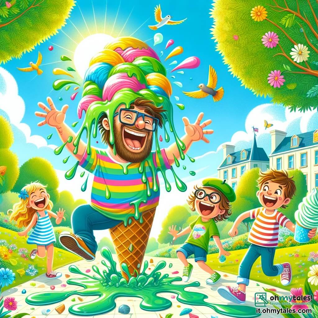 Illustrazione che rappresenta un parco soleggiato, pieno di verde lussureggiante, con alberi dalle foglie brillanti e fiori colorati che danzano al vento. Al centro, un uomo dai capelli castani in disordine, con una maglietta a righe colorate e un berretto, sorride ampiamente, le braccia alzate, circondato da gelati giganti che si sciolgono e colano intorno a lui. Accanto a lui, due bambini, un ragazzo di circa 8 anni con capelli biondi e occhiali, che ride a crepapelle, e una ragazza di circa 7 anni con capelli ricci e un vestito a fiori, che tiene un cono di gelato alla menta, osservano la scena con meraviglia. La scena principale mostra l'uomo che cerca di controllare il gelato gigante che sfugge, creando un'atmosfera gioiosa e comica, con schizzi di ghiaccio colorato e risate che risuonano nell'aria. Uccelli colorati volano sopra, aggiungendo un tocco di magia a questa scena ludica e divertente.
