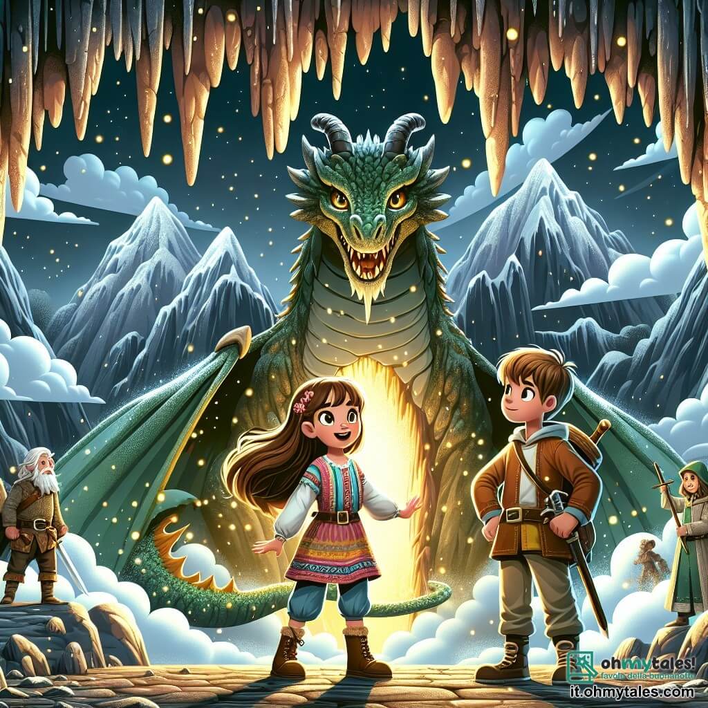 Illustrazione che rappresenta una scena affascinante all'ingresso di una caverna misteriosa, circondata da grandi montagne con cime innevate, dove nuvole scure fluttuano nel cielo. L'ingresso della caverna è adornato da pietre scintillanti, e una luce dorata emana dall'interno, creando un'atmosfera intrigante e magica. In primo piano, una ragazza di 11 anni, con lunghi capelli castani e occhi pieni di curiosità, si trova coraggiosamente davanti all'ingresso. Indossa una tunica colorata e pantaloni di tela, e il suo viso esprime sia eccitazione che un leggero tremore di paura. Accanto a lei, un ragazzo di 11 anni, con capelli corti e biondi, sfoggia un sorriso sicuro. È vestito con un'armatura leggera e tiene un spada di legno, pronto a difendere la sua amica. La scena principale mostra la ragazza che si rivolge a un enorme drago dalle squame verdi brillanti, che si erge maestoso all'interno della caverna. Il drago, con occhi penetranti e ali spiegate, appare sia minaccioso che curioso. Lampi di luce danzano intorno a lui, mentre il cane della ragazza, un piccolo cane a pelo riccio, abbaia dolcemente, osservando la scena con attenzione. Sullo sfondo, silhouette di giovani amici si tengono prudentemente, pronti a sostenere la ragazza in questo incontro inaspettato. Elementi grafici come fiori colorati, rocce coperte di muschio e stelle scintillanti nel cielo aggiungono un tocco di magia a questa illustrazione, catturando l'essenza di un'avventura fantastica e di un viaggio nel tempo.