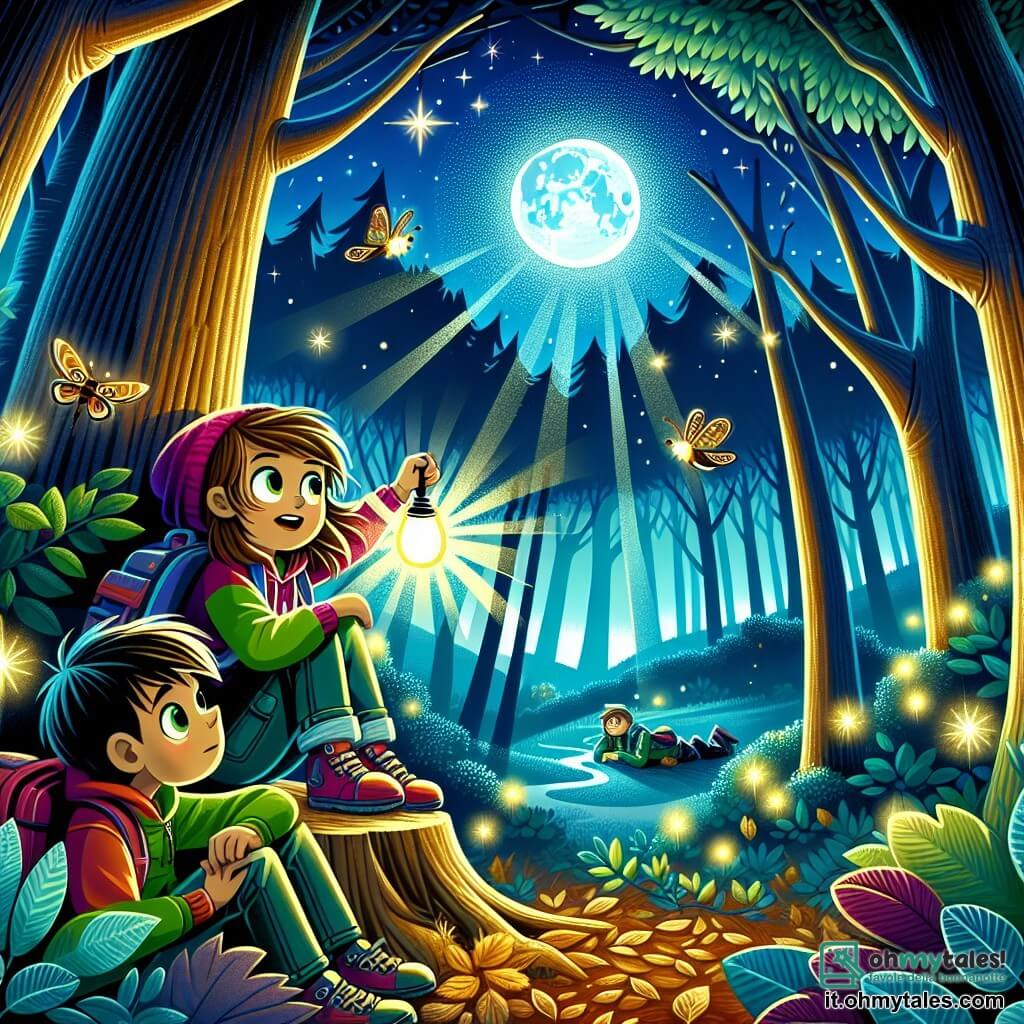 Illustrazione che rappresenta una scena notturna in una foresta incantata, dove la luna brilla intensamente sopra gli alberi maestosi, proiettando ombre danzanti sul terreno coperto di foglie. Al centro, una ragazza di 11 anni, con lunghi capelli castani e occhi scintillanti di curiosità, è seduta su un ceppo d'albero. Indossa un felpa colorata e pantaloni da escursionismo, tenendo una torcia che illumina timidamente il suo viso. Accanto a lei, due ragazzi di circa 11 anni, uno con capelli biondi arruffati e l'altro con capelli neri lisci, sono sdraiati sull'erba, guardando le stelle scintillanti sopra di loro. La ragazza, con un sorriso incantato, sembra rasserenata dalla bellezza del cielo notturno, mentre i ragazzi raccontano storie di fantasmi, creando un'atmosfera sia magica che leggermente spaventosa. Le lucciole danzano intorno a loro, aggiungendo un tocco di luce morbida e fatata alla scena, mentre un gufo appollaiato su un ramo osserva silenziosamente il gruppo.