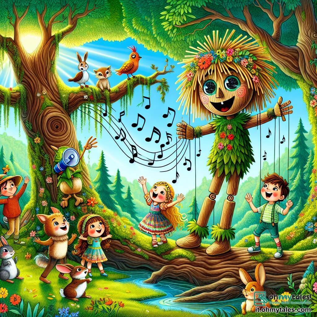 Illustrazione che rappresenta una scena vibrante in una foresta incantata, dove alberi maestosi con tronchi spessi sono coperti di muschio verde e fiori colorati che sbocciano sotto un cielo blu splendente. Al centro dell'immagine, un burattino di legno, con occhi scintillanti e capelli di paglia dorata, si trova su un tronco d'albero abbattuto, alzando le braccia con entusiasmo per incoraggiare una folla di animali e umani. Tra i personaggi secondari, un ragazzo di circa 10 anni, con capelli castani disordinati e un sorriso caloroso, sta accanto al burattino, tenendo un megafono fatto di foglie e rami, pronto a sostenere il suo amico. Una ragazza di circa 8 anni, con trecce bionde e un vestito colorato, balla gioiosamente, circondata da piccoli animali come conigli e uccelli, che ascoltano attentamente. La situazione principale mostra il burattino che ispira coraggio e unità, mentre gli animali e i bambini si radunano intorno a lui, pronti a difendere la natura. Note musicali fluttuano nell'aria, aggiungendo un tocco di magia all'atmosfera. Elementi grafici aggiuntivi includono fiori vivaci, farfalle danzanti e raggi di sole che filtrano tra le foglie, creando un'atmosfera gioiosa e dinamica.