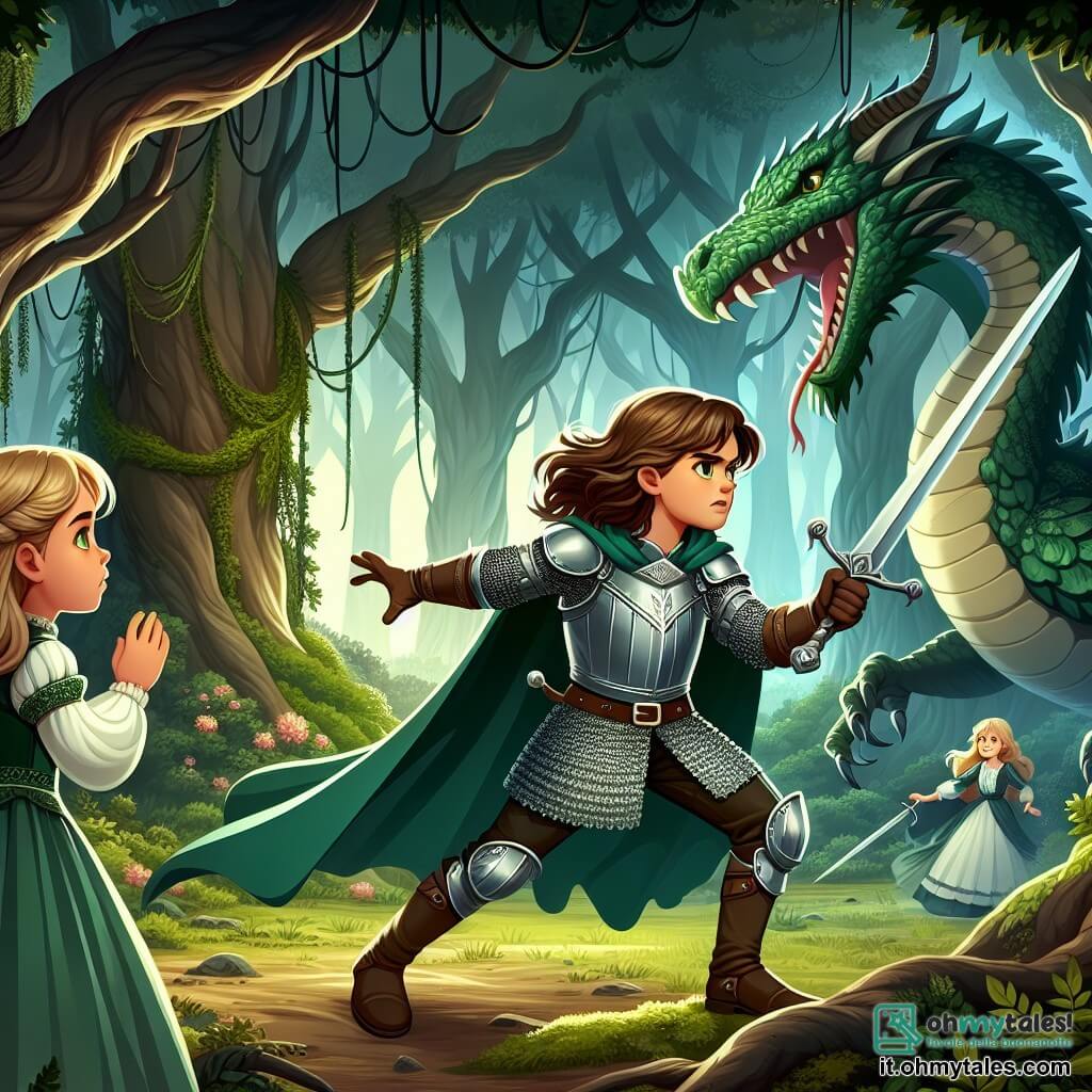 Une illustration sous forme de dessin destinée aux enfants représentant une forêt enchantée, dense et mystérieuse, où un jeune chevalier aux cheveux longs et bruns, portant une armure scintillante et brandissant une épée, se tient courageusement face à un grand dragon aux écailles vertes, tandis qu'une jeune fille aux cheveux blonds et aux yeux verts, vêtue d'une robe simple, observe avec espoir depuis l'arrière-plan, illustrant le moment où le chevalier tente de sauver la sœur de la jeune fille, capturant l'essence d'une aventure pleine de bravoure et de magie.