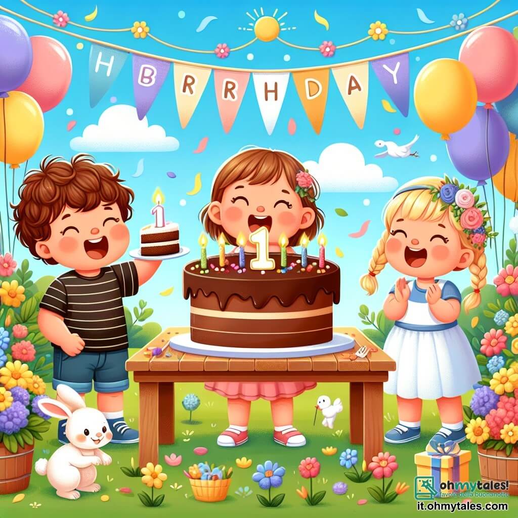 Une illustration sous forme de dessin destinée aux enfants représentant un jardin ensoleillé décoré de ballons colorés et de guirlandes, avec un groupe de trois enfants de 1 an : un garçon aux cheveux bruns bouclés qui rit en tenant un morceau de gâteau, une fille aux cheveux blonds tressés qui sourit en jouant avec un petit lapin blanc, et une autre fille aux cheveux châtains qui applaudit joyeusement, tous ensemble célébrant un anniversaire entourés de fleurs éclatantes et d'une grande torta au chocolat sur une table en bois.