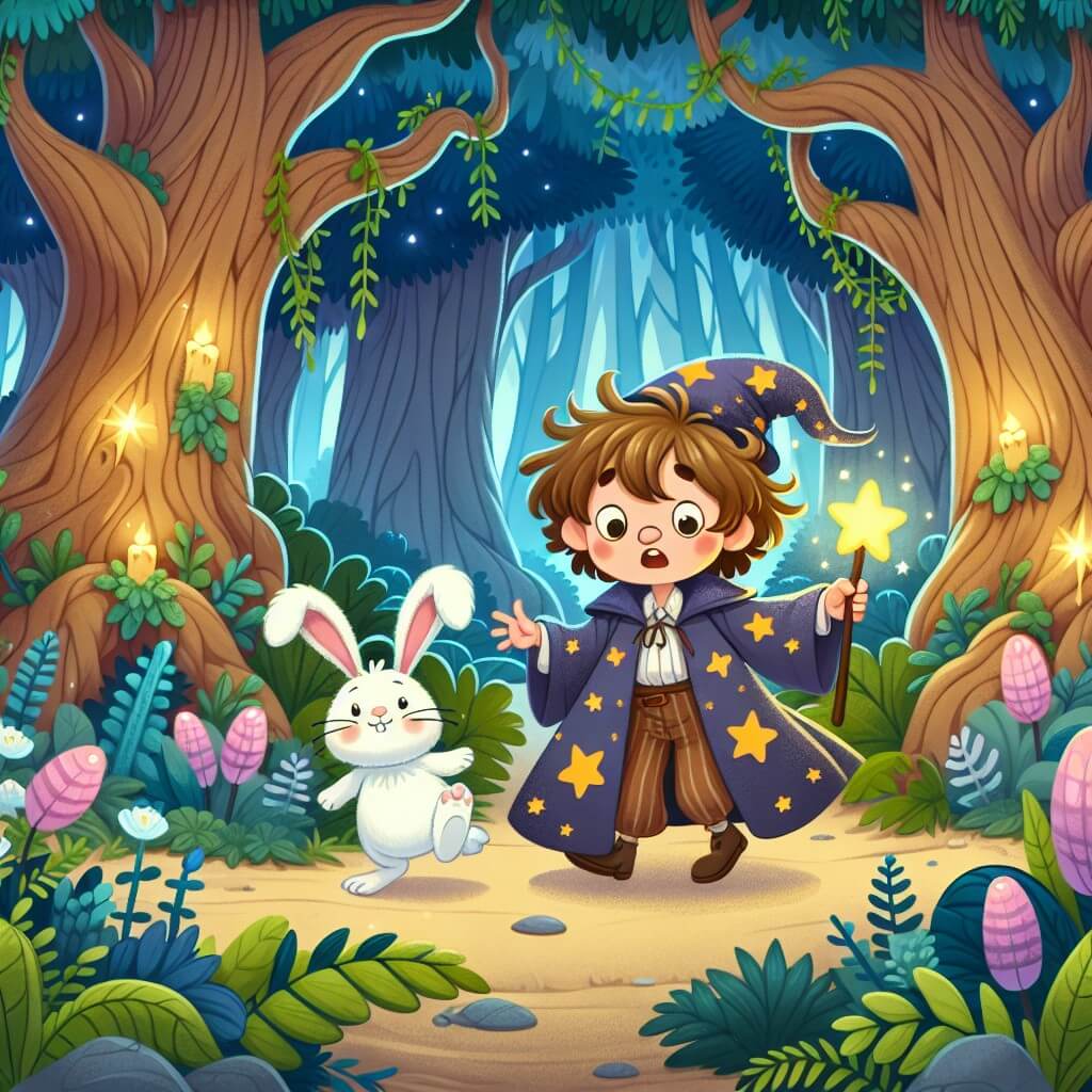 Une illustration destinée aux enfants représentant un sorcier maladroit, aux cheveux ébouriffés et à la robe étoilée, qui se retrouve dans une forêt enchantée, accompagné d'un adorable petit lapin blanc, à la recherche d'un mystérieux ingrédient magique, dans un décor luxuriant avec des arbres géants, des fleurs lumineuses et des créatures fantastiques.