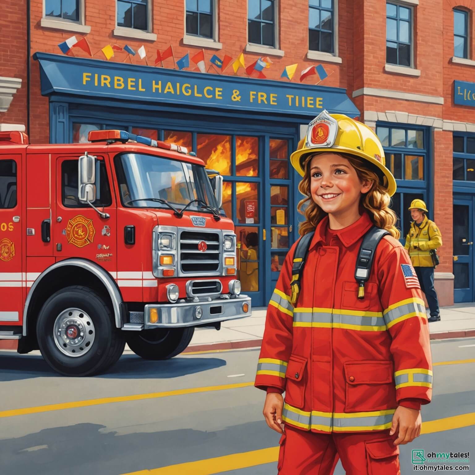 Une illustration destinée aux enfants représentant une femme pompière intrépide, vêtue d'une brillante combinaison rouge et d'un casque jaune étincelant, se tenant fièrement à côté de son camion des pompiers flamboyant, garé devant une caserne aux murs de briques rouges ornés de grandes fenêtres et de drapeaux flottants, alors qu'un jeune garçon curieux aux yeux pétillants et aux cheveux en désordre s'approche d'elle avec un sourire émerveillé, écoutant attentivement ses récits d'aventures héroïques et de sauvetages audacieux, tout en admirant les outils étincelants et les tuyaux enroulés qui décorent l'arrière-plan de cet endroit vibrant de camaraderie et de courage.