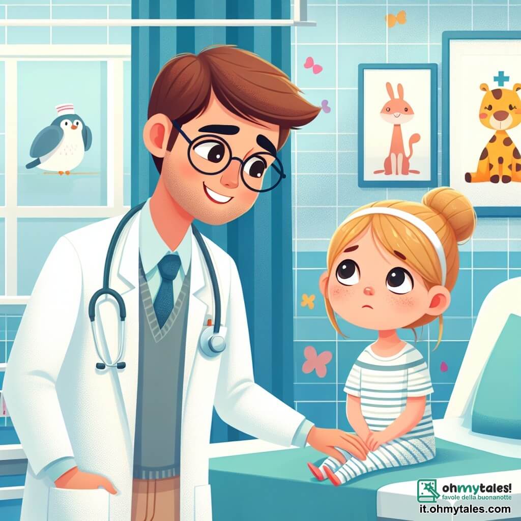 Une illustration sous forme de dessin destinée aux enfants représentant l'intérieur d'un hôpital lumineux et coloré, avec des murs peints en bleu clair et des dessins d'animaux sur les murs, où un médecin homme d'une trentaine d'années, avec des cheveux bruns et des lunettes, souriant et vêtu d'un camice blanc, examine une petite fille blonde de dix ans, assise sur un lit d'hôpital, qui a l'air inquiète mais curieuse, tandis qu'une infirmière, une femme aux cheveux châtains attachés en chignon, se tient à côté, prête à aider, le tout capturant la chaleur et l'empathie d'un moment où le médecin rassure la jeune patiente sur sa santé.