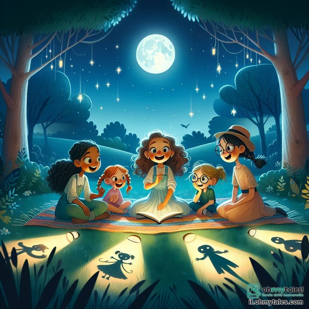 Illustrazione che rappresenta una scena magica in un parco notturno, dove la luna illumina dolcemente l'erba verde e gli alberi dalle silhouette misteriose. Al centro, un gruppo di cinque ragazze, di età compresa tra 8 e 10 anni, è seduto su una coperta colorata. Una di loro, con capelli ricci e un sorriso radioso, racconta una storia, gli occhi scintillanti di entusiasmo. Accanto a lei, una ragazza dai lunghi capelli castani, in un vestito leggero, ascolta attentamente, con un'espressione sognante. Un'altra, con trecce e un cappello, ride forte, mentre una bambina dai capelli lisci e un po' timida osserva le ombre proiettate dalle torce, affascinata ma un po' nervosa. L'ultima, con occhiali e capelli raccolti, disegna forme sul terreno con una torcia, creando ombre divertenti. Sullo sfondo, stelle scintillano in un cielo blu profondo, aggiungendo un tocco di magia a questa notte in cui la paura del buio si trasforma in avventura.
