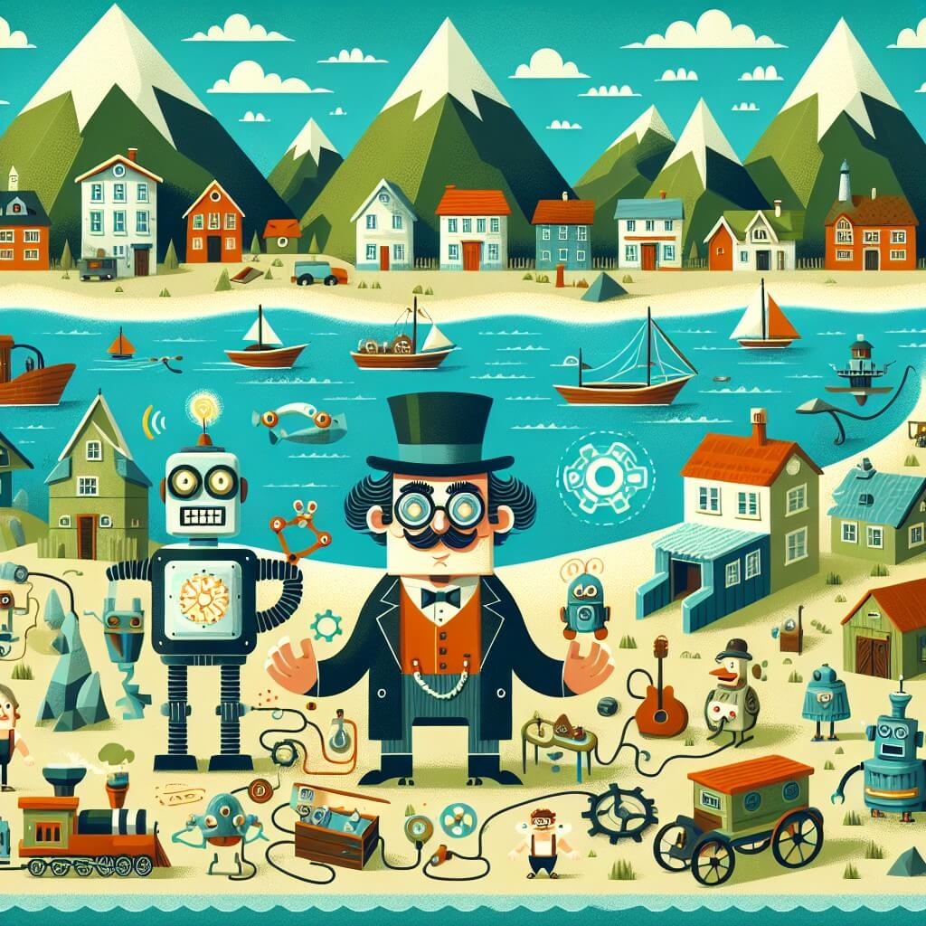 Une illustration destinée aux enfants représentant un inventeur farfelu, entouré de ses inventions loufoques, accompagné d'un drôle de robot, dans un village pittoresque bordé d'un océan turquoise et de majestueuses montagnes.