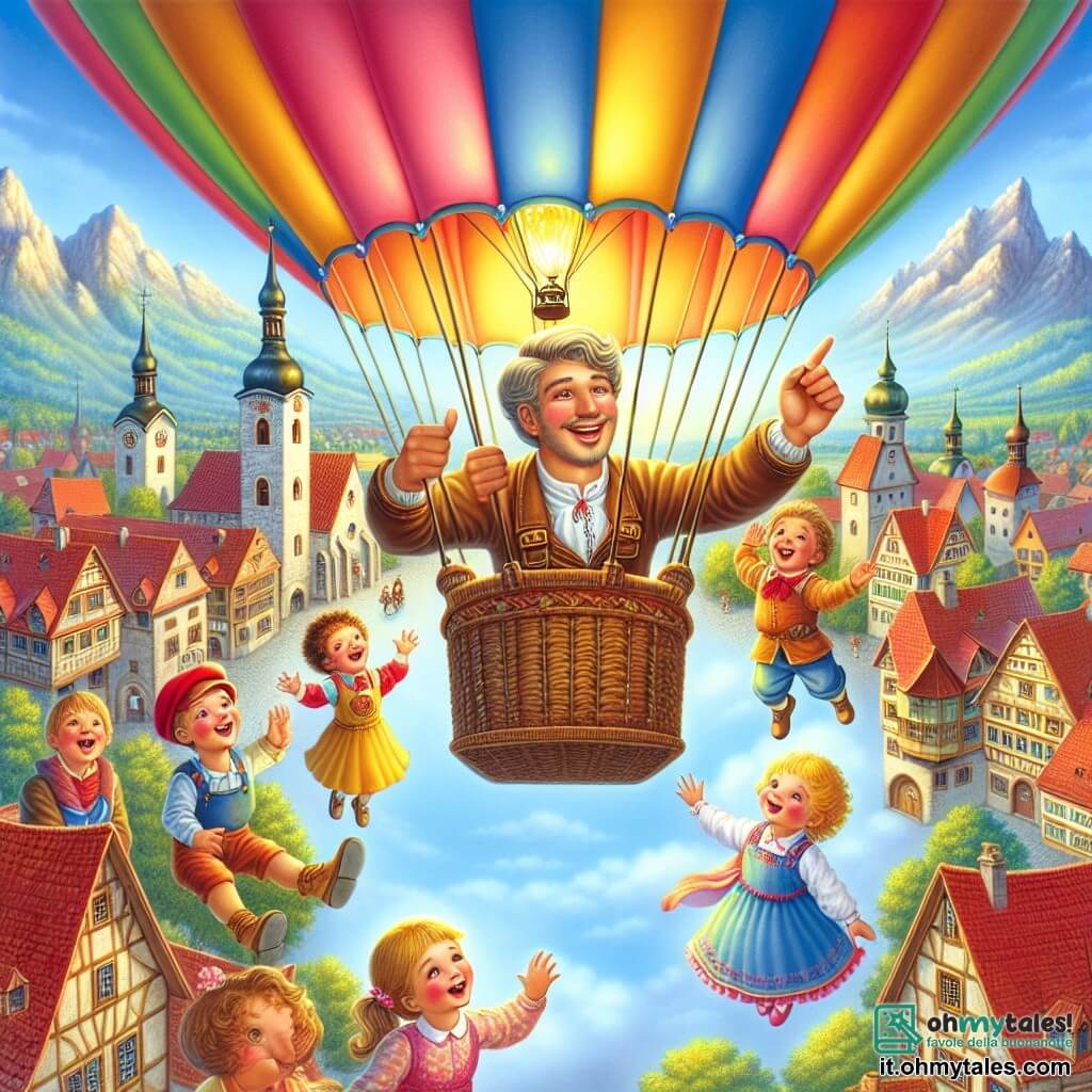 Une illustration destinée aux enfants représentant un homme au visage souriant, entouré d'enfants émerveillés, volant dans le ciel sur un incroyable pallone multicolore, au-dessus d'une ville pittoresque avec des toits rouges et des montagnes en arrière-plan.