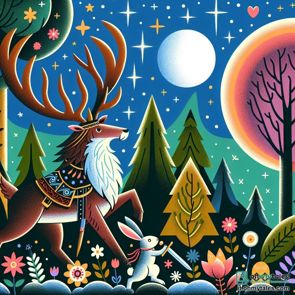 Une illustration destinée aux enfants représentant un renne majestueux, un guerrier aux cornes puissantes, accompagné d'une petite lepre espiègle, dans une forêt enchantée aux arbres touffus et aux fleurs colorées sous un ciel étoilé scintillant.