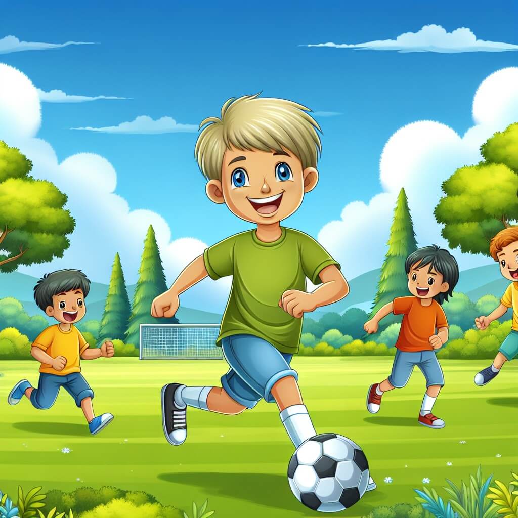 Une illustration destinée aux enfants représentant un jeune footballeur passionné, entouré de ses amis, jouant au football dans un magnifique parc verdoyant avec de grands arbres, une pelouse immaculée et un ciel bleu éclatant.