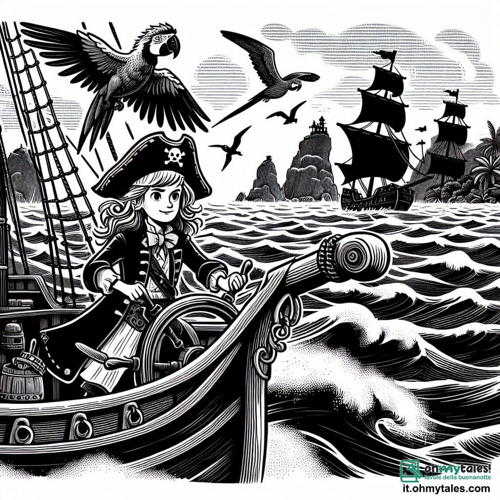 Une illustration destinée aux enfants représentant une jeune fille courageuse, capitaine d'un navire pirate, accompagnée de son fidèle perroquet, naviguant sur un océan tumultueux parsemé d'îles mystérieuses et de tempêtes menaçantes.
