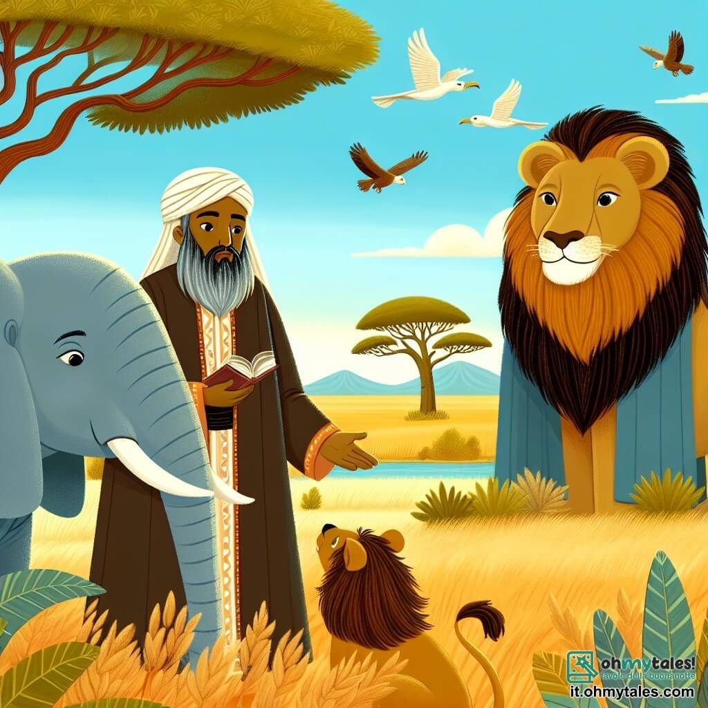 Une illustration destinée aux enfants représentant un homme courageux et sage, en quête de sagesse auprès des animaux de la savane africaine, notamment un éléphant majestueux, un lion sage et une tribu d'arbres imposants, dans un décor de prairies dorées et de ciels infinis.