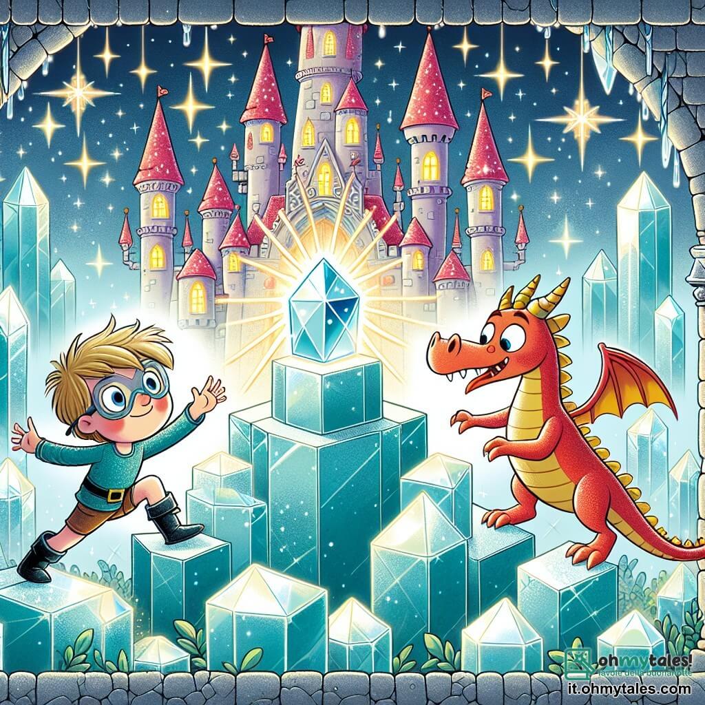 Une illustration destinée aux enfants représentant un jeune garçon intrépide, confronté à un défi impossible, avec l'aide d'un drôle de dragon magique, dans un château enchanté aux murs de cristal et aux tours scintillantes.