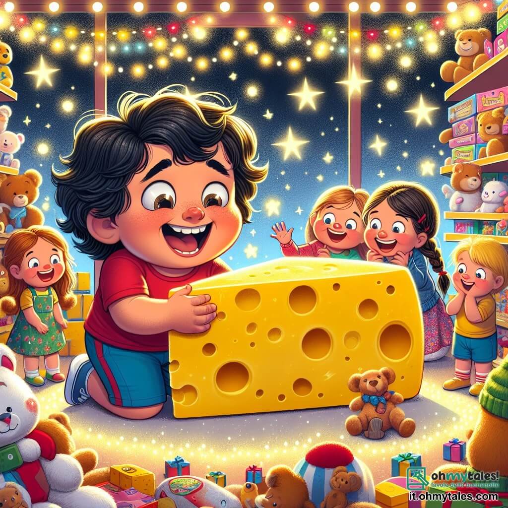 Illustrazione che rappresenta una scena animata in un colorato negozio di giocattoli, pieno di peluche, giochi da tavolo e luci scintillanti. Al centro, un ragazzo di 7 anni, con capelli neri e ricci, indossa una maglietta rossa e pantaloni corti blu, mostrando un grande sorriso di eccitazione mentre scopre un enorme formaggio giallo, grande quanto un tavolino, posato tra delle bambole. Accanto a lui, una ragazza di 7 anni, con lunghi capelli castani intrecciati, vestita con un abito floreale, lo osserva con occhi spalancati, mentre un ragazzo di 8 anni, con capelli biondi arruffati, si china per toccare il formaggio, con aria curiosa. La scena principale mostra i bambini che ridono e si meravigliano davanti al formaggio gigante, con riflessi di luce scintillanti intorno a loro e giocattoli colorati sullo sfondo che aggiungono un'atmosfera gioiosa e giocosa alla scena.
