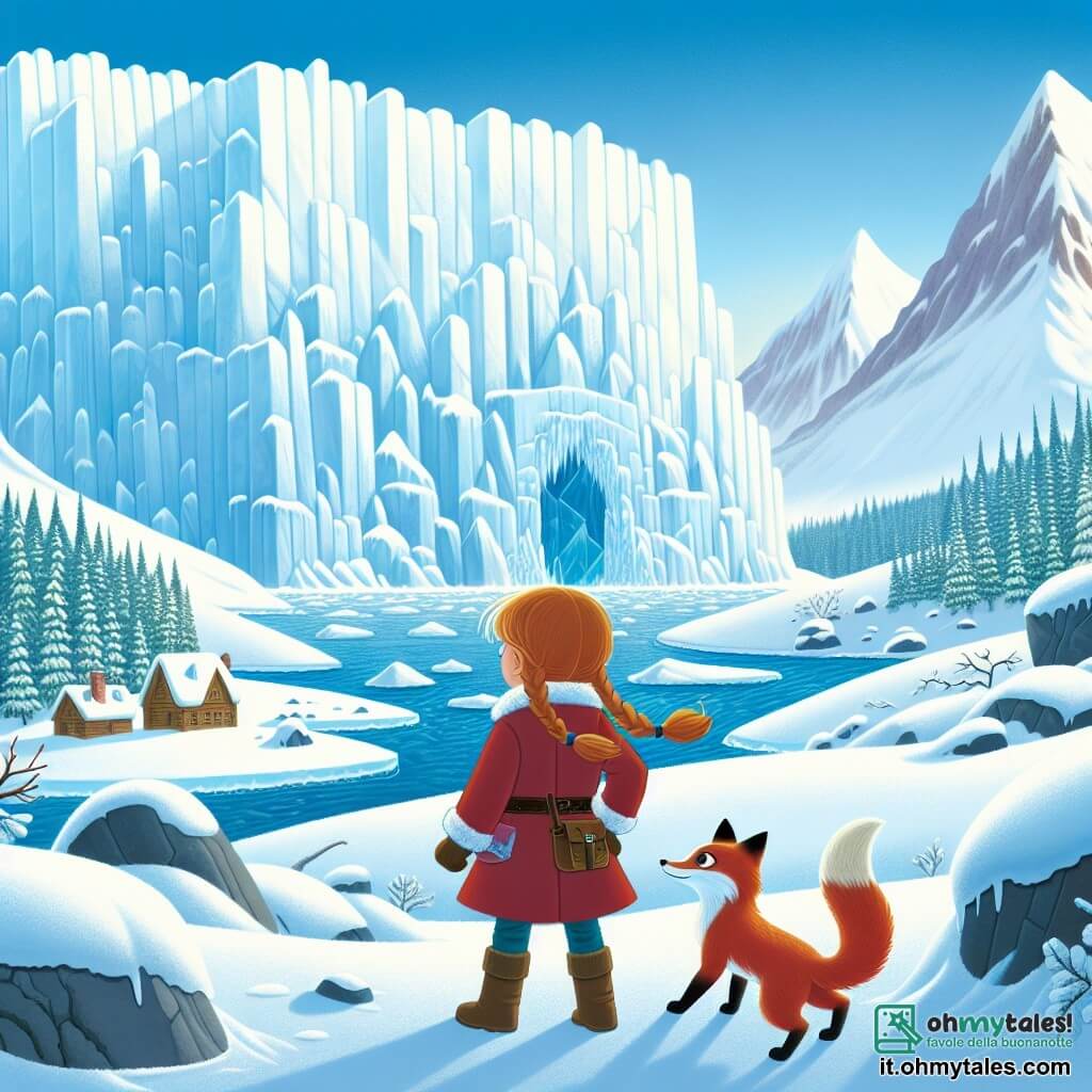 Une illustration destinée aux enfants représentant une fillette intrépide se tenant devant un mur de glace gigantesque, son fidèle compagnon, un petit renard malicieux, à ses côtés, dans la magnifique contrée enneigée de la Vallée des Glaces Éternelles, où se déroule l'histoire.