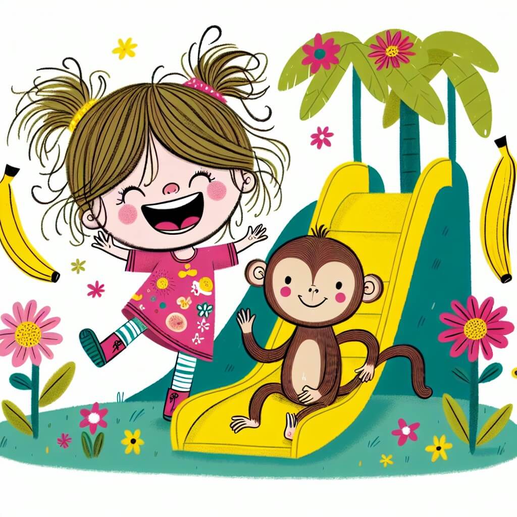 Une illustration destinée aux enfants représentant une petite fille aux cheveux en bataille, en train de rire aux éclats avec son meilleur ami, un singe facétieux, dans un parc rempli de fleurs multicolores et de toboggans en forme de bananes.