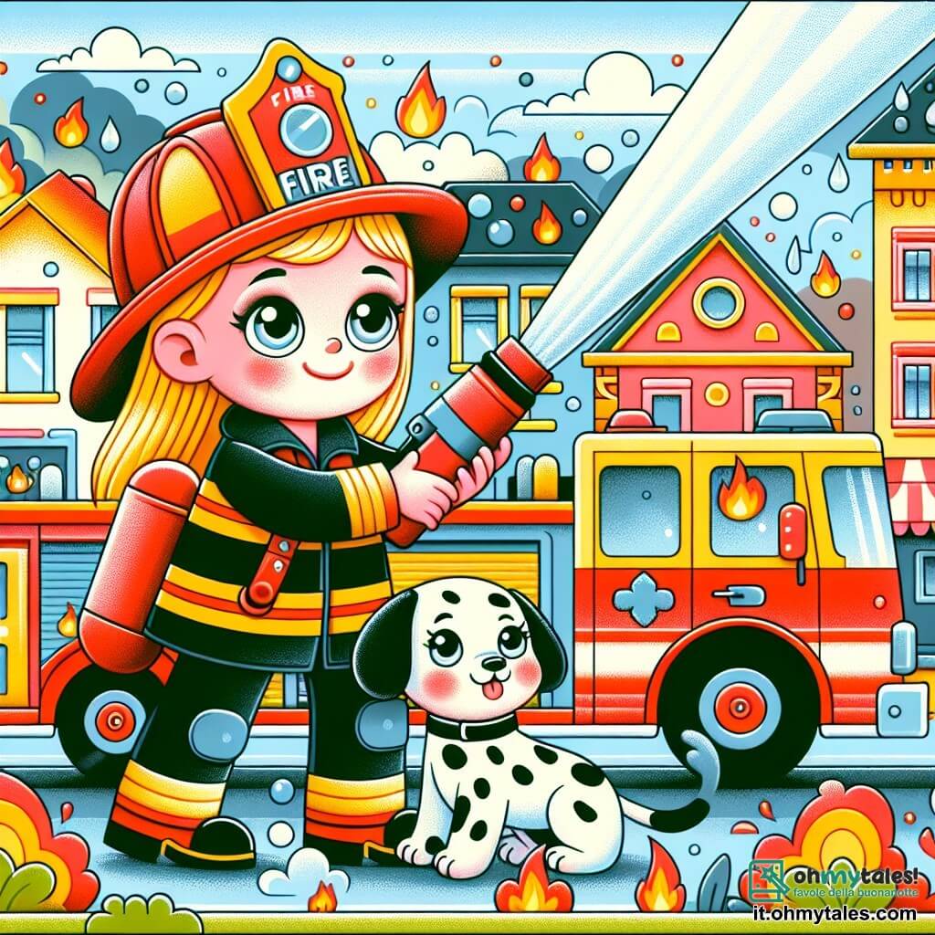Une illustration destinée aux enfants représentant une courageuse pompière, une petite fille aux yeux brillants, en train de combattre un incendie avec l'aide de son fidèle chien Dalmatien, dans une ville colorée et animée remplie de maisons aux toits rouges et de grands camions de pompiers.
