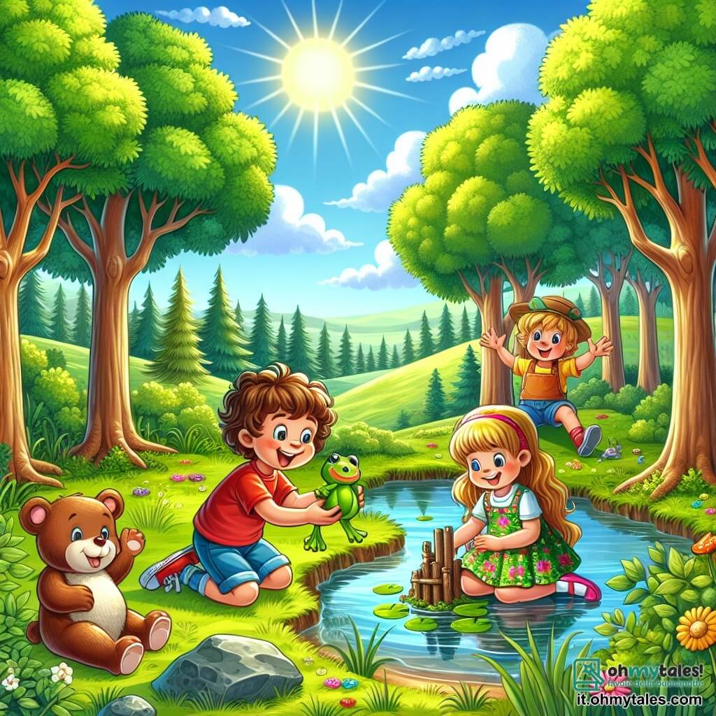 Illustrazione che rappresenta un bel raduno soleggiato nel cuore di un boschetto. Alberi maestosi con tronchi spessi circondano lo spazio, le loro foglie di un verde brillante danzano dolcemente al vento. Al centro, un piccolo stagno dalle acque cristalline riflette il cielo blu punteggiato di nuvole bianche. Tre bambini sono presenti: un ragazzo di circa 8 anni con capelli ricci e castani, che indossa una maglietta rossa e pantaloni blu, sorride gioiosamente mentre tiene un piccolo orsetto di peluche. Accanto a lui, una ragazza di circa 7 anni con lunghe trecce bionde, vestita con un abito a fiori colorati, si inginocchia per costruire un castello di foglie e rami. Infine, un altro ragazzo di circa 9 anni con capelli biondi e un grande sorriso, vestito con una maglietta gialla e pantaloni corti, fa una riverenza comica davanti a una piccola rana verde seduta su una pietra. La scena trasmette un'atmosfera di gioia e amicizia, con i bambini che ridono e lavorano insieme per creare un piccolo rifugio per il loro nuovo amico, la rana. Fiori colorati e farfalle svolazzano intorno a loro, aggiungendo un tocco di magia a questa bella giornata di amicizia.