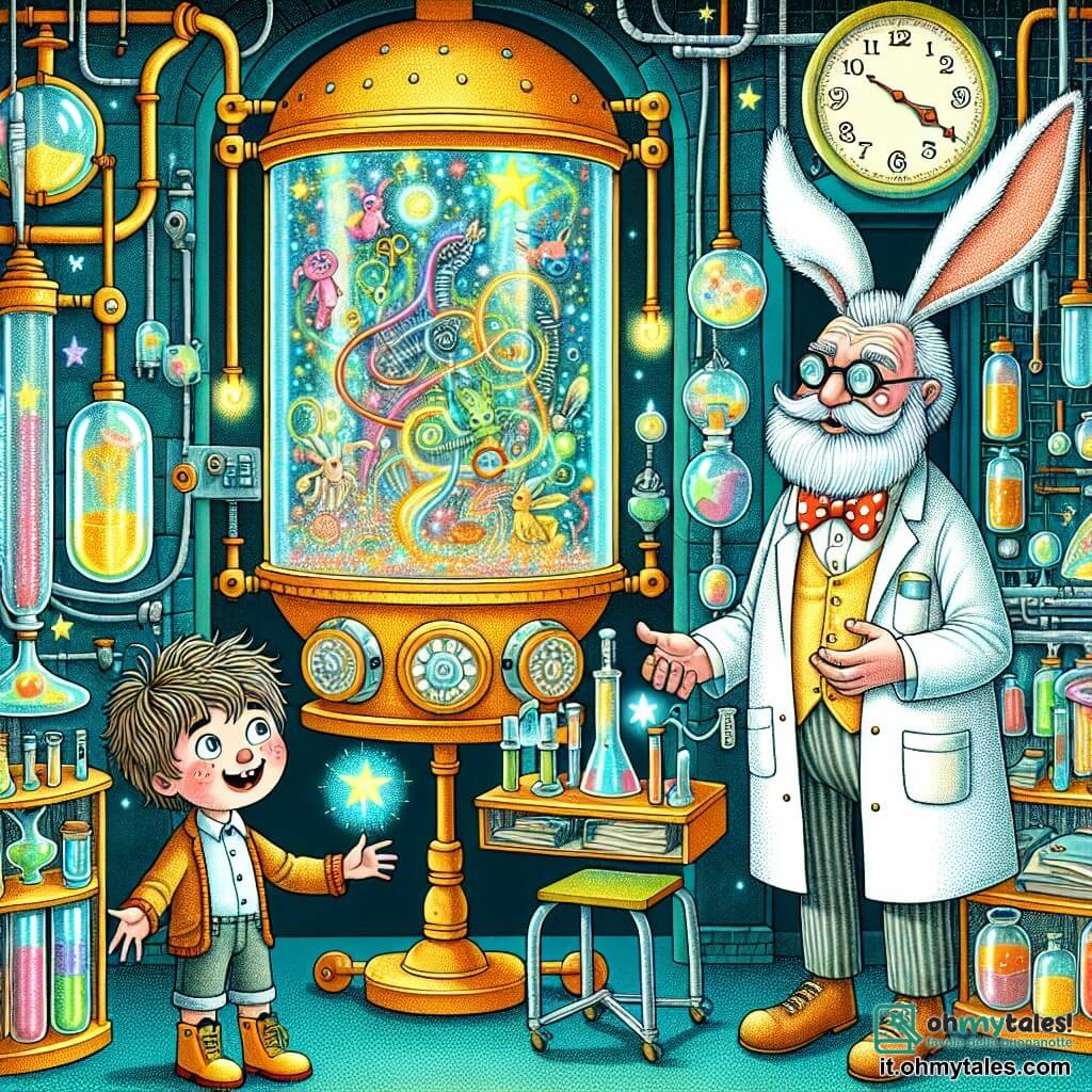 Une illustration sous forme de dessin destinée aux enfants représentant un laboratoire magique rempli d'objets étranges et colorés, où un garçon de 9 ans aux cheveux ébouriffés et aux yeux pétillants d'excitation se tient devant une grande machine scintillante, tandis qu'un vieux professeur à la barbe blanche, vêtu d'un manteau de laboratoire et portant des lunettes rondes, lui explique comment utiliser la machine, et un coniglio géant en cravate à pois les observe avec un sourire amusé, alors qu'ils s'apprêtent à vivre une aventure fantastique dans un monde de rêves et de magie.
