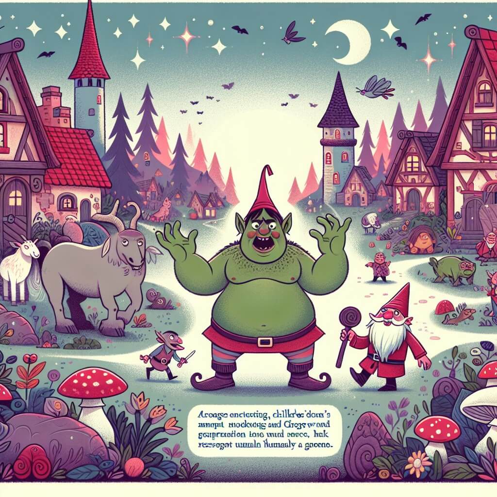 Une illustration destinée aux enfants représentant un ogre rigolote se trouvant dans un village enchanté peuplé de créatures fantastiques, où il rencontre un gnome farceur.