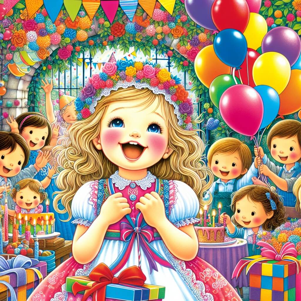 Une illustration destinée aux enfants représentant une jeune fille pleine de vie, préparant une fête surprise pour son père avec l'aide de ses amis, dans un jardin coloré et joyeux rempli de ballons et de guirlandes.