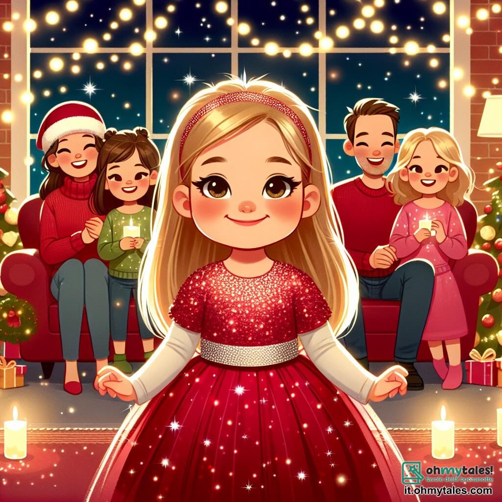 Une illustration destinée aux enfants représentant une fillette vêtue d'un abitino rosso pailleté, entourée de sa famille joyeuse, en train de compter à rebours pour le nouvel an, dans un salon scintillant de décorations festives et de lumières étincelantes.