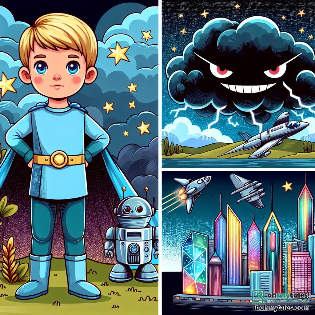 Une illustration destinée aux enfants représentant un petit garçon intrépide, une ville futuriste menacée par une Nuvola Nera, un robottino domestico futuriste et une métropole scintillante appelée Neon City, avec des gratte-ciel illuminés et des véhicules volants.