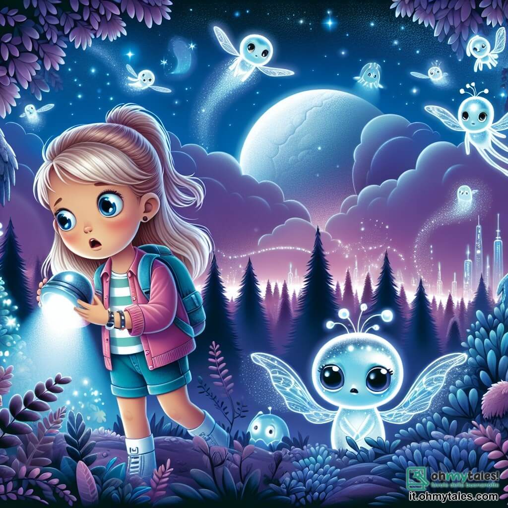 Une illustration destinée aux enfants représentant une fille curieuse découvrant un mystérieux objet argenté dans un bosco magique, accompagnée d'adorables extraterrestres lumineux aux ailes transparentes, sur un incroyable planète violette parsemée d'alberi luminescents et de villes sospese tra le nuvole.