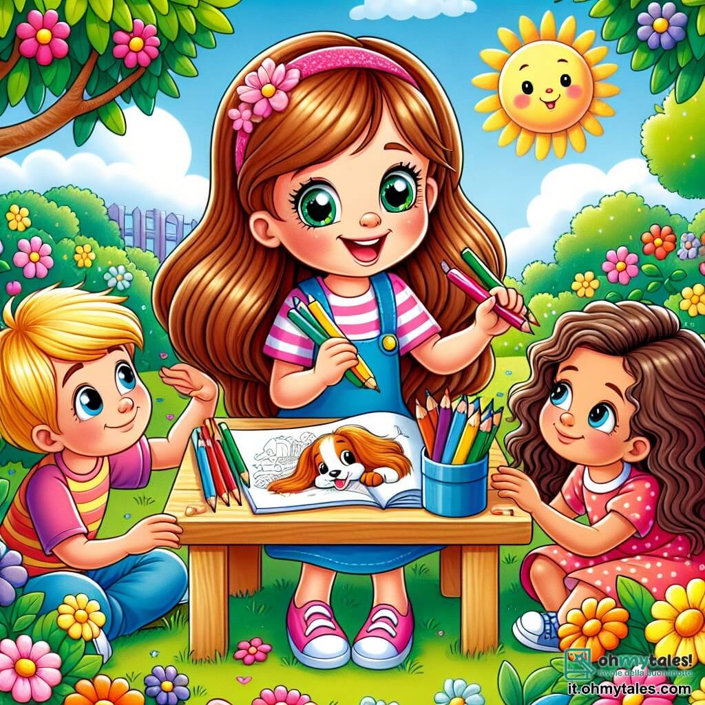 Une illustration sous forme de dessin destinée aux enfants représentant un jardin ensoleillé, rempli de fleurs colorées et d'une petite panchina en bois, où une fille de 7 ans aux longs cheveux bruns et aux yeux pétillants, assise sur la panchina, dessine avec des crayons colorés, entourée de ses amis, un garçon aux cheveux blonds et une fille aux cheveux bouclés, tous deux écoutant attentivement alors qu'elle partage des souvenirs de son chien bien-aimé, illustrant un moment de tendresse et de célébration de la mémoire.