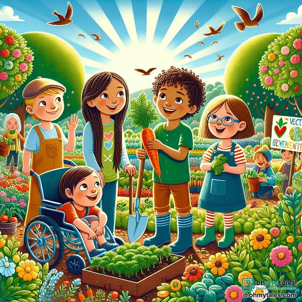 Illustrazione che rappresenta una scena vibrante in un giardino comunitario soleggiato, pieno di fiori colorati e verdure fresche. Al centro, un gruppo di bambini lavora insieme: una ragazza di circa 10 anni, con lunghi capelli castani intrecciati, sorride felicemente mentre tiene una pala, mentre un ragazzo di 11 anni, con capelli ricci e pelle chiara, mostra orgogliosamente una carota appena raccolta. Accanto a loro, una ragazza con capelli corti e biondi, di 9 anni, annaffia delicatamente delle piantine di pomodoro, mentre un ragazzo di 12 anni, in sedia a rotelle, li incoraggia con un grande sorriso, tenendo un cartello colorato con messaggi sull'ecologia. Sullo sfondo, alberi verdi e uccelli cantanti aggiungono vita a questa scena gioiosa, mentre bambini di altre età si radunano intorno, tutti uniti dall'amore per la natura e la protezione dell'ambiente.
