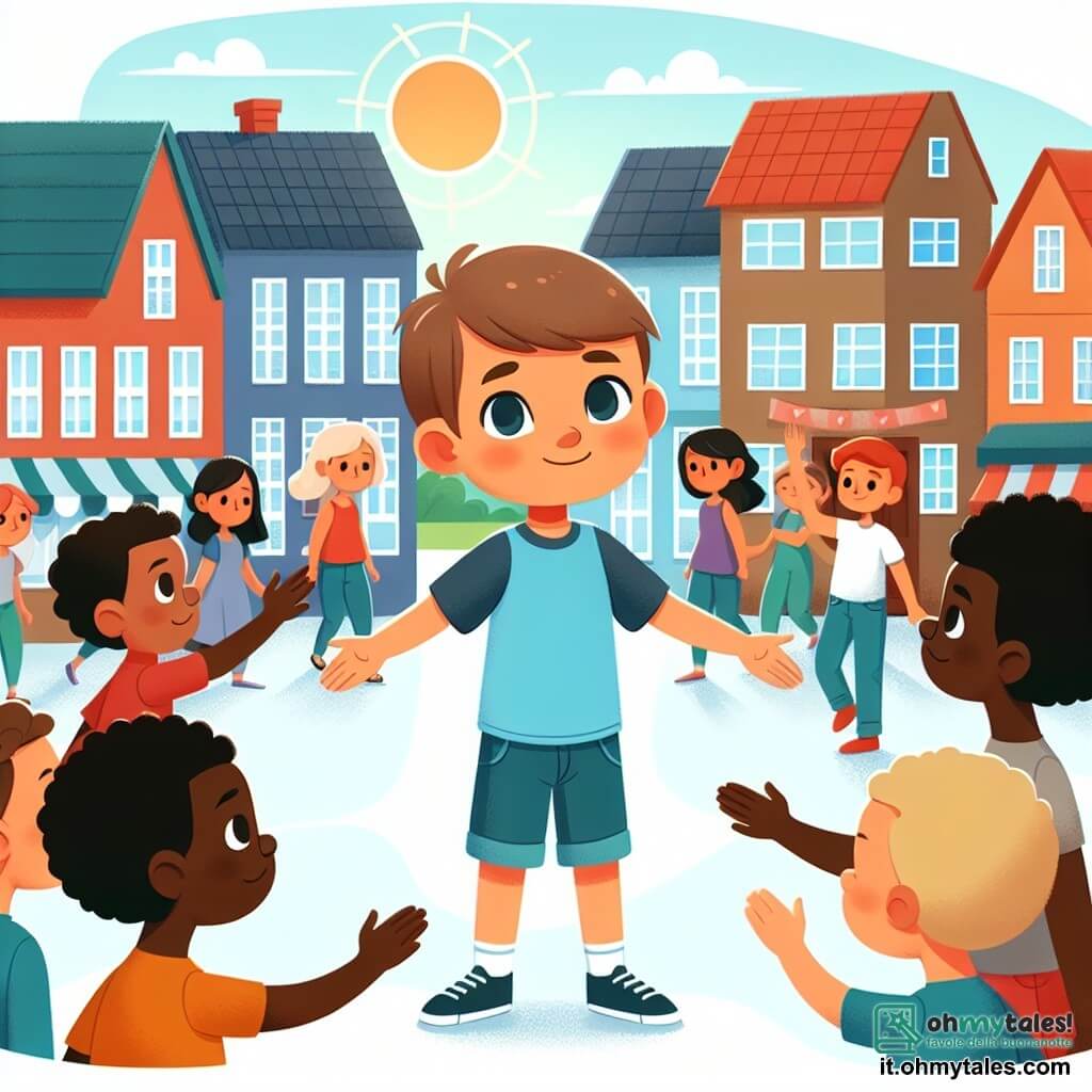Une illustration destinée aux enfants représentant un jeune garçon curieux, se faisant de nouveaux amis et luttant contre le racisme dans une petite ville colorée et animée.